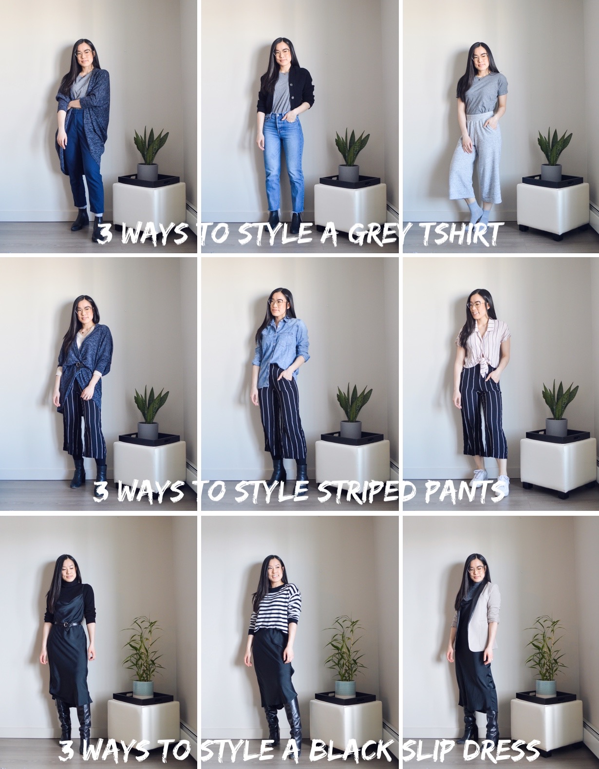 showing 9 grids with 9 different outfits to show how I've committed to a low buy year, wardrobe-wise. the top 3 shows 3 ways to style a tshirt; the middle 3 shows 3 ways to style striped pants; the bottom 3 shows 3 ways to style a black slip dress