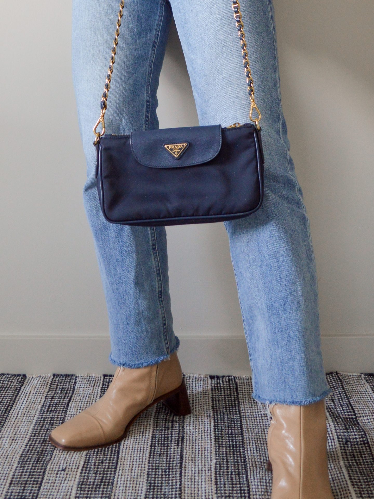 Outfit details - straight blue jeans and nude ankle boots, Prada crossbody bag