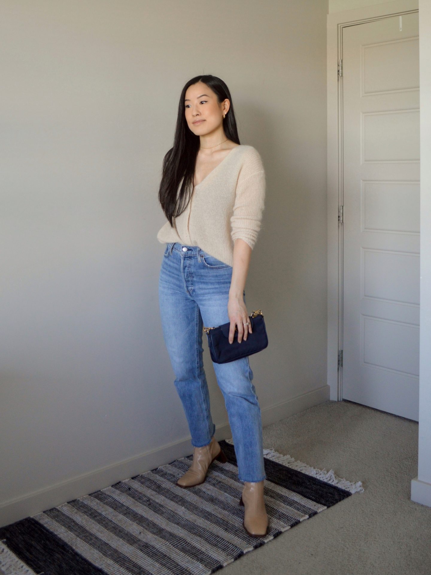 Parisian Inspired Outfit - knit sweater, straight leg jeans, nude ankle boots