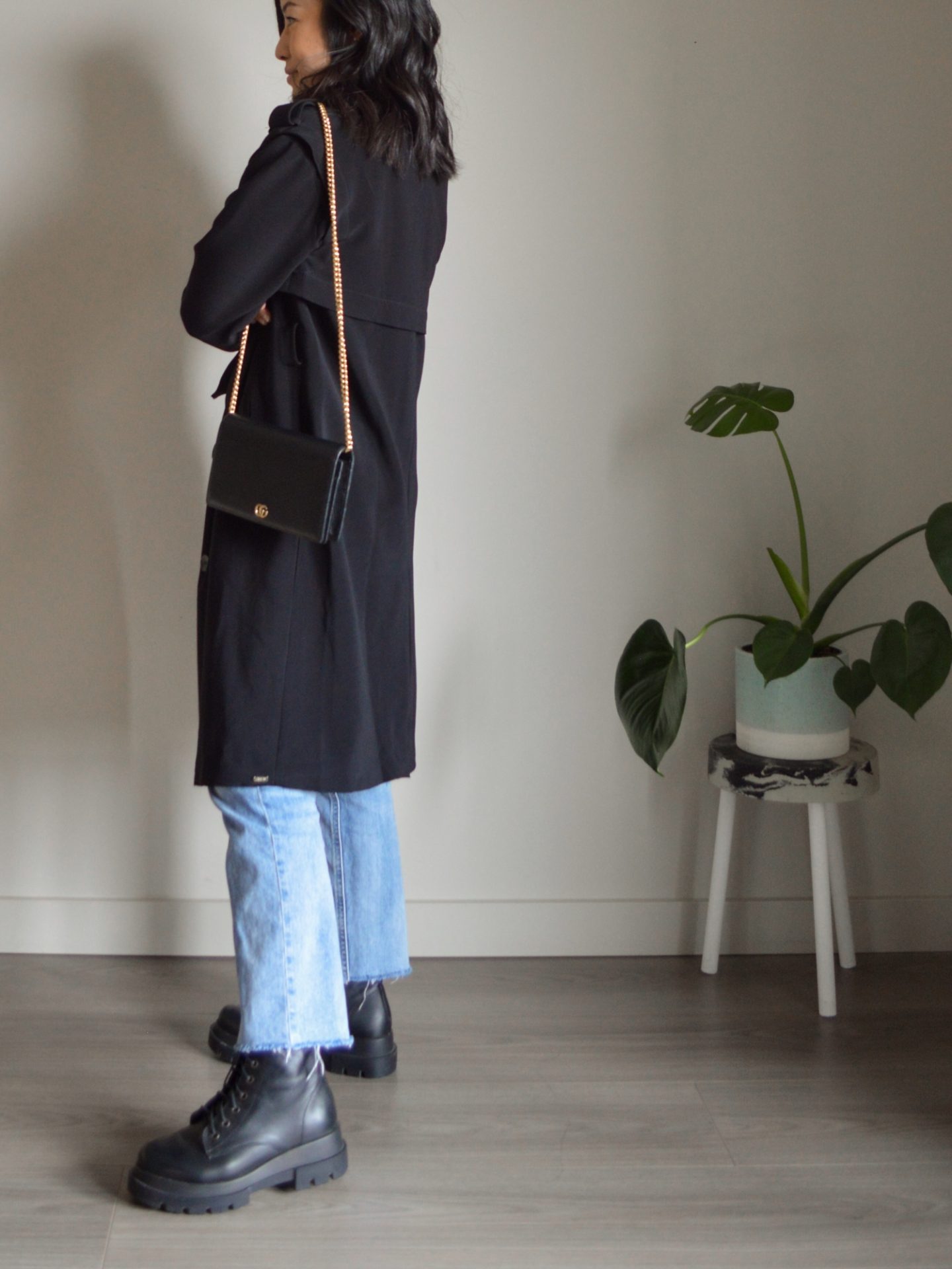 Outfit details - straight leg jeans, black trench coat, Gucci crossbody bag, combat boots