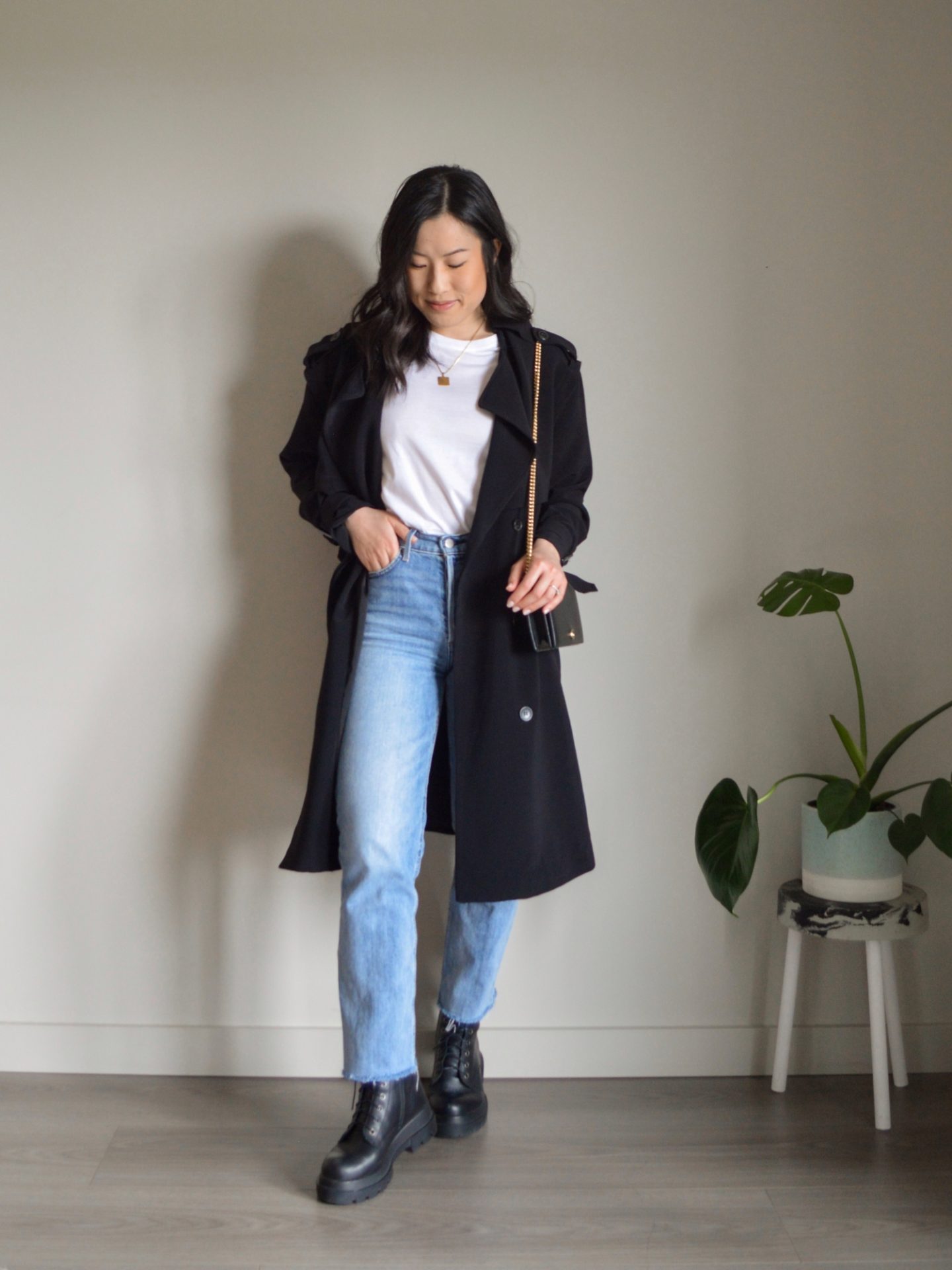 Outfit details - white t-shirt, straight leg jeans, black trench coat, Gucci crossbody bag, combat boots