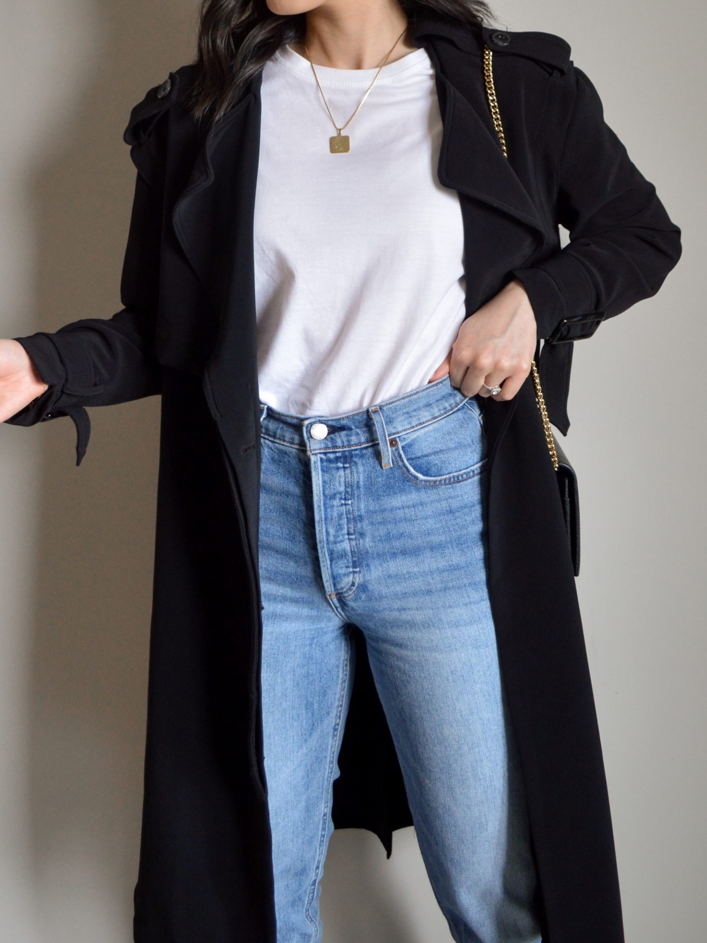 Outfit details - white t-shirt, straight leg jeans, black trench coat