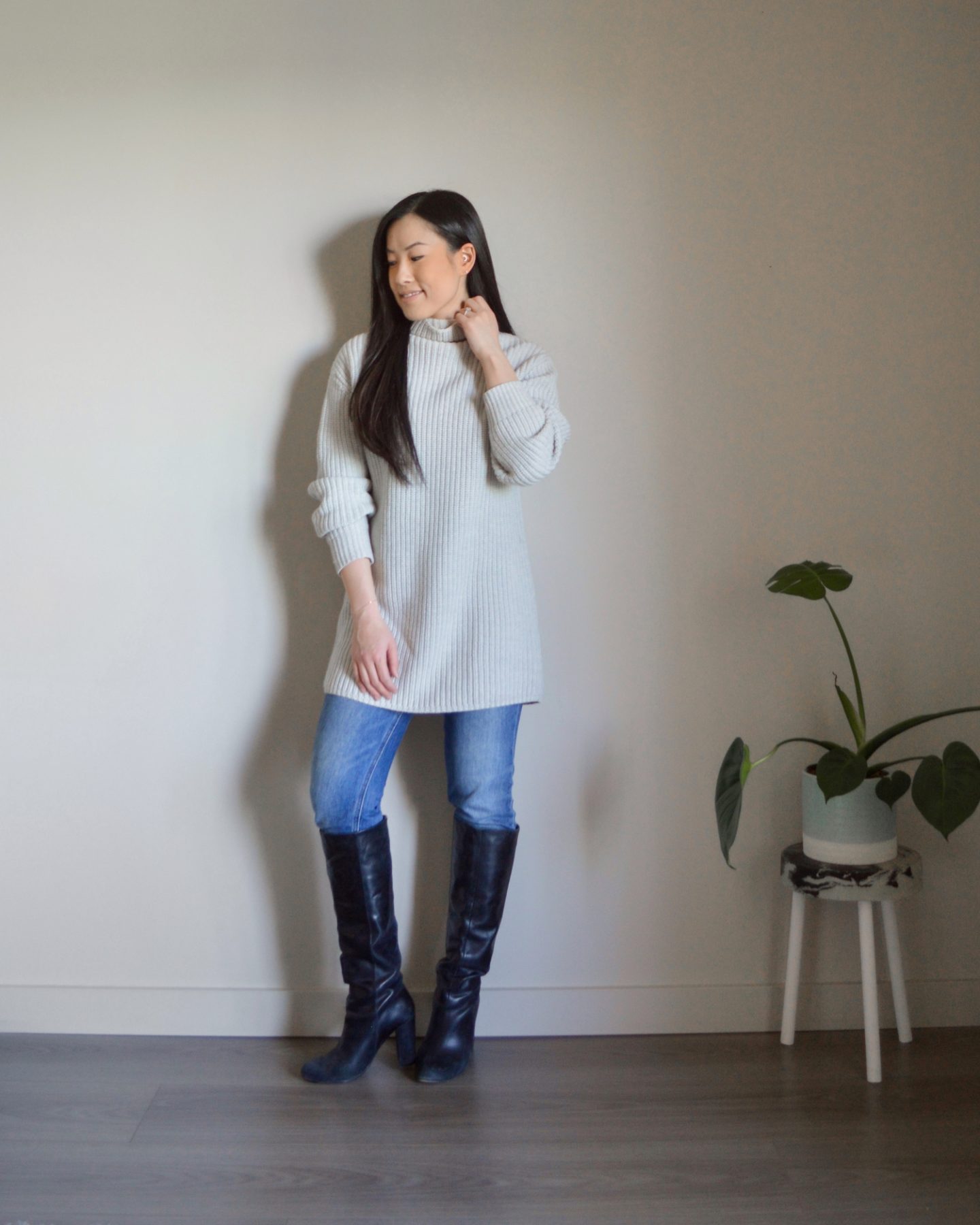 Winter Outfit details: Montpellier sweater dress, Denim Forum Yoko Slim, knee high boots