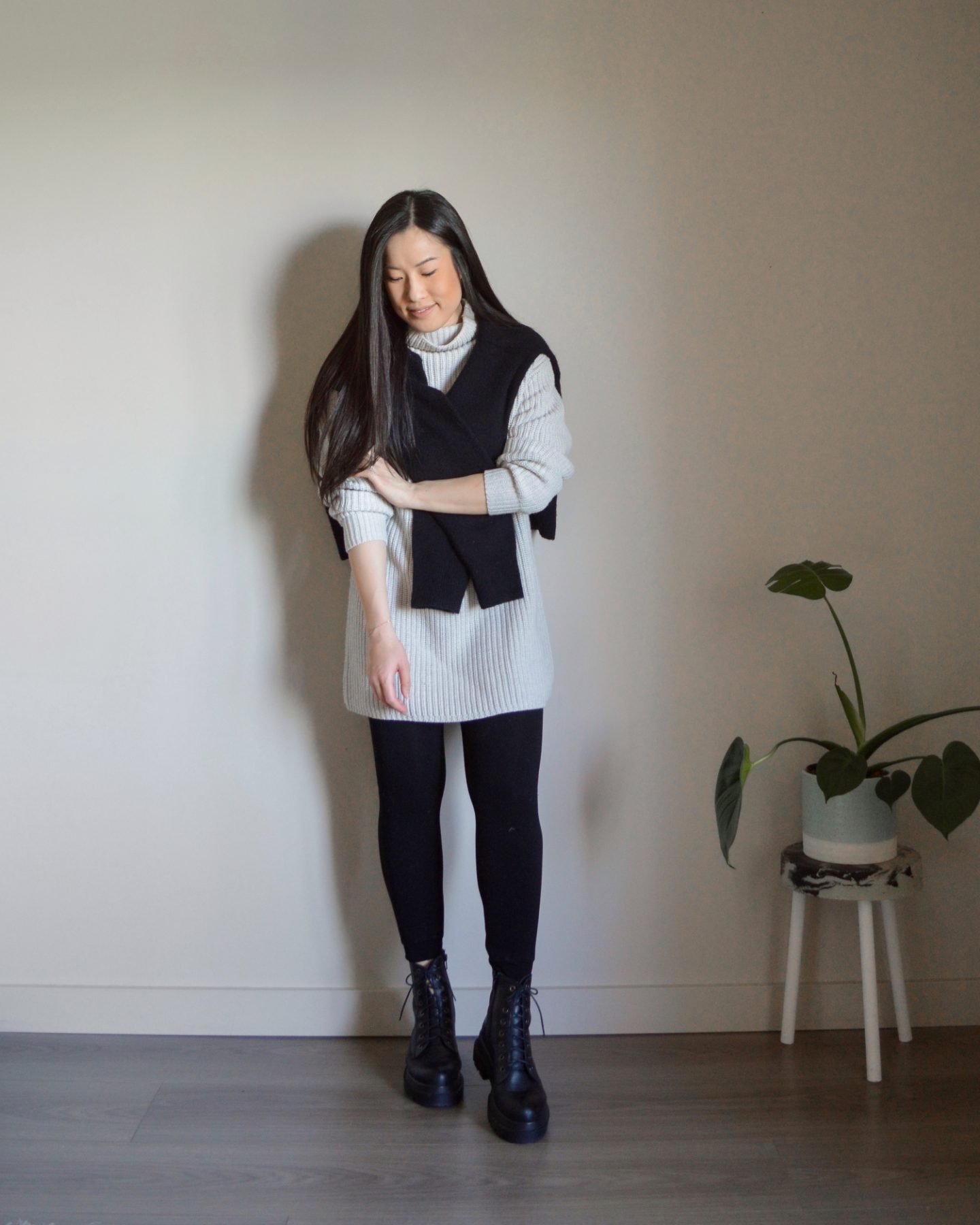 Winter Outfit Details: Thurlow Knit Sweater, Montpellier sweater dress, fleece lined leggings, L'intervalle combat boots