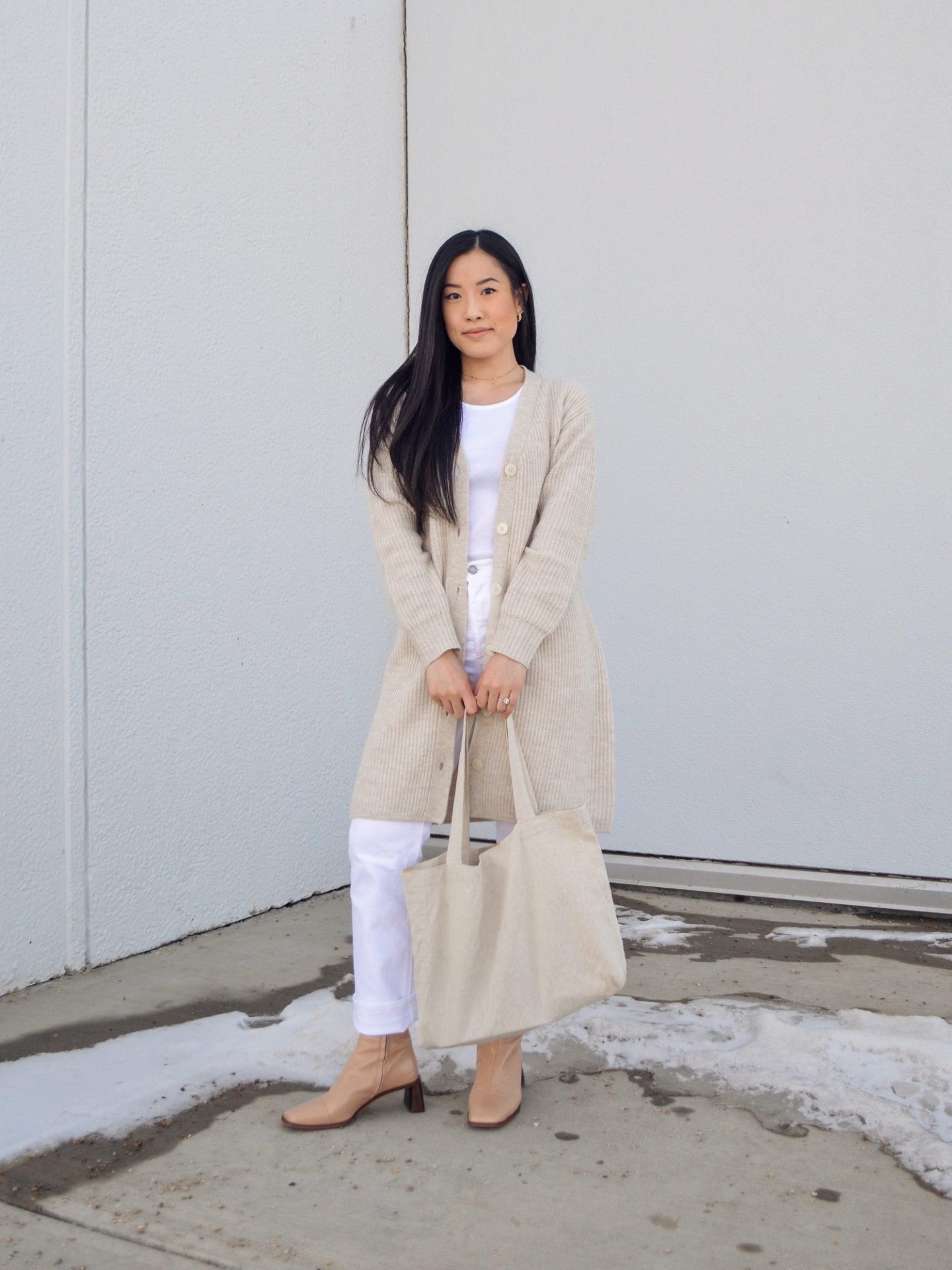 Outfit details: Arlo High Rise Straight Jeans, Kotn High Neck Tank, Frank and Oak cardigan dress, L'intervalle Dundee nude leather boots, Harly Jae Zero Waste Tote