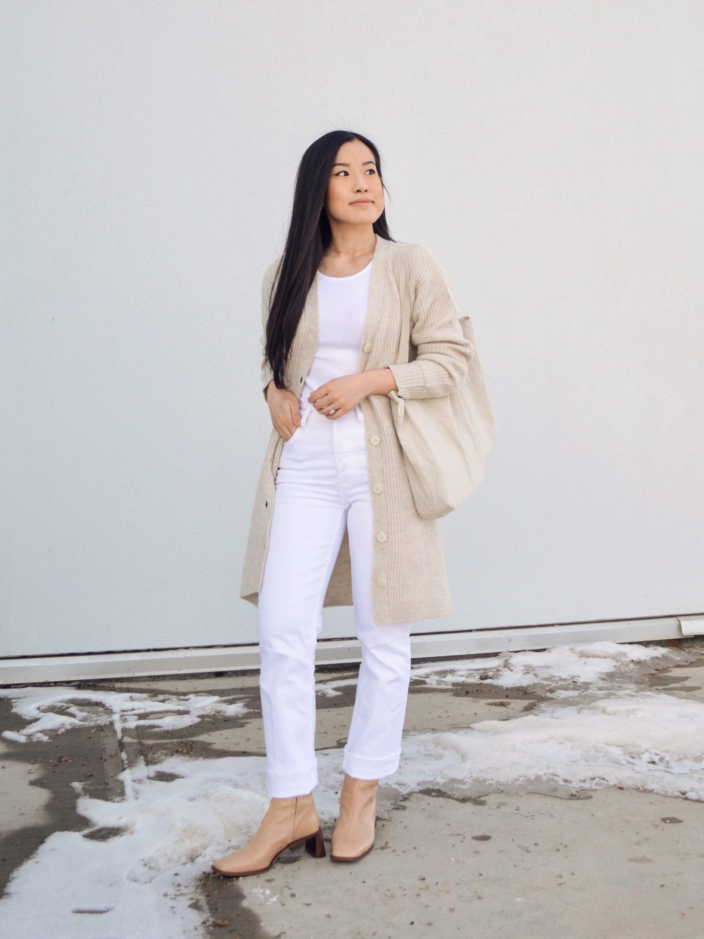 Outfit details: Arlo High Rise Straight Jeans, Kotn High Neck Tank, Frank and Oak cardigan dress, L'intervalle Dundee nude leather boots, Harly Jae Zero Waste Tote