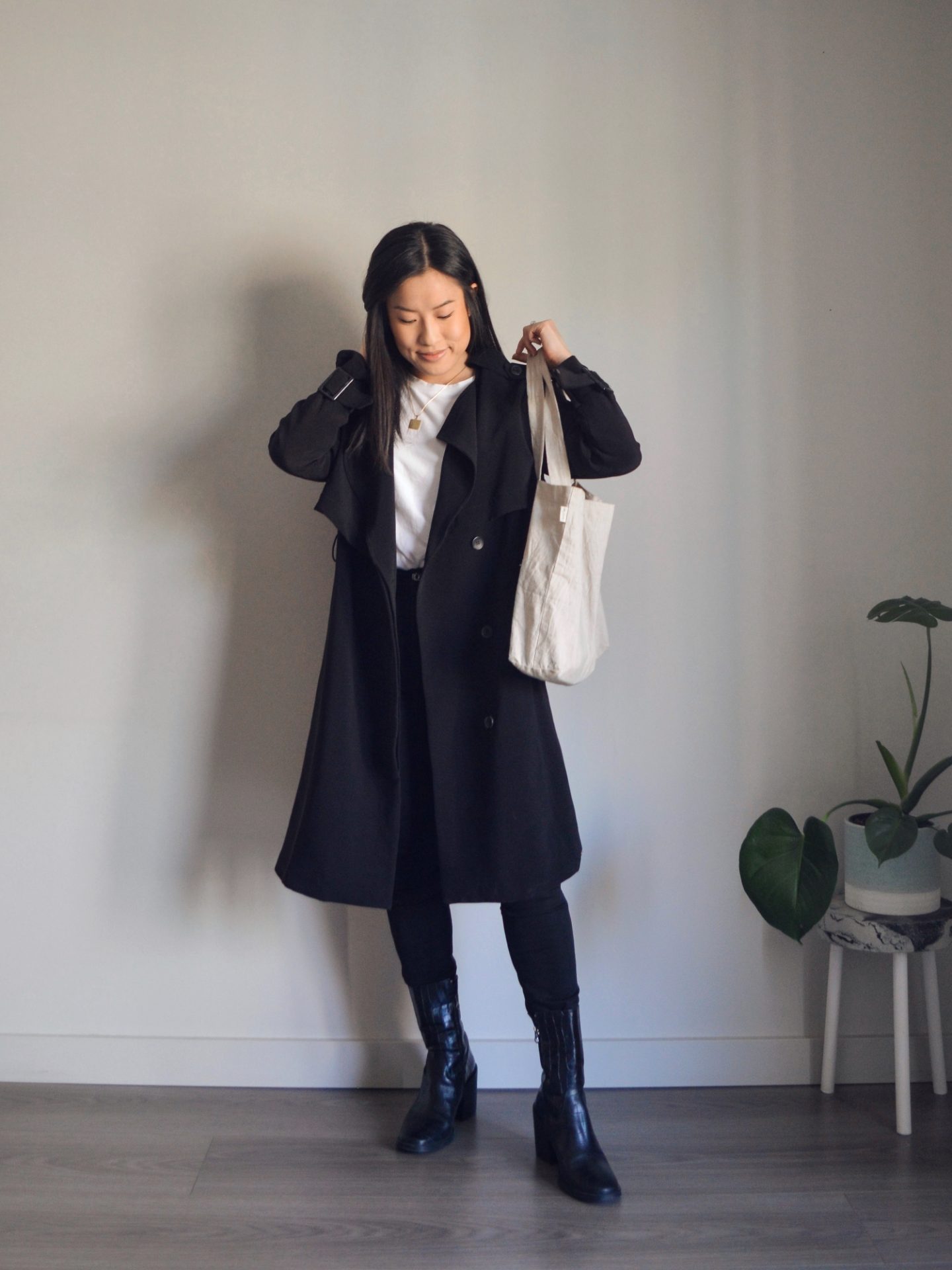Outfit details: black trench coat, white t-shirt, black skinny jeans, black mid-calf boots