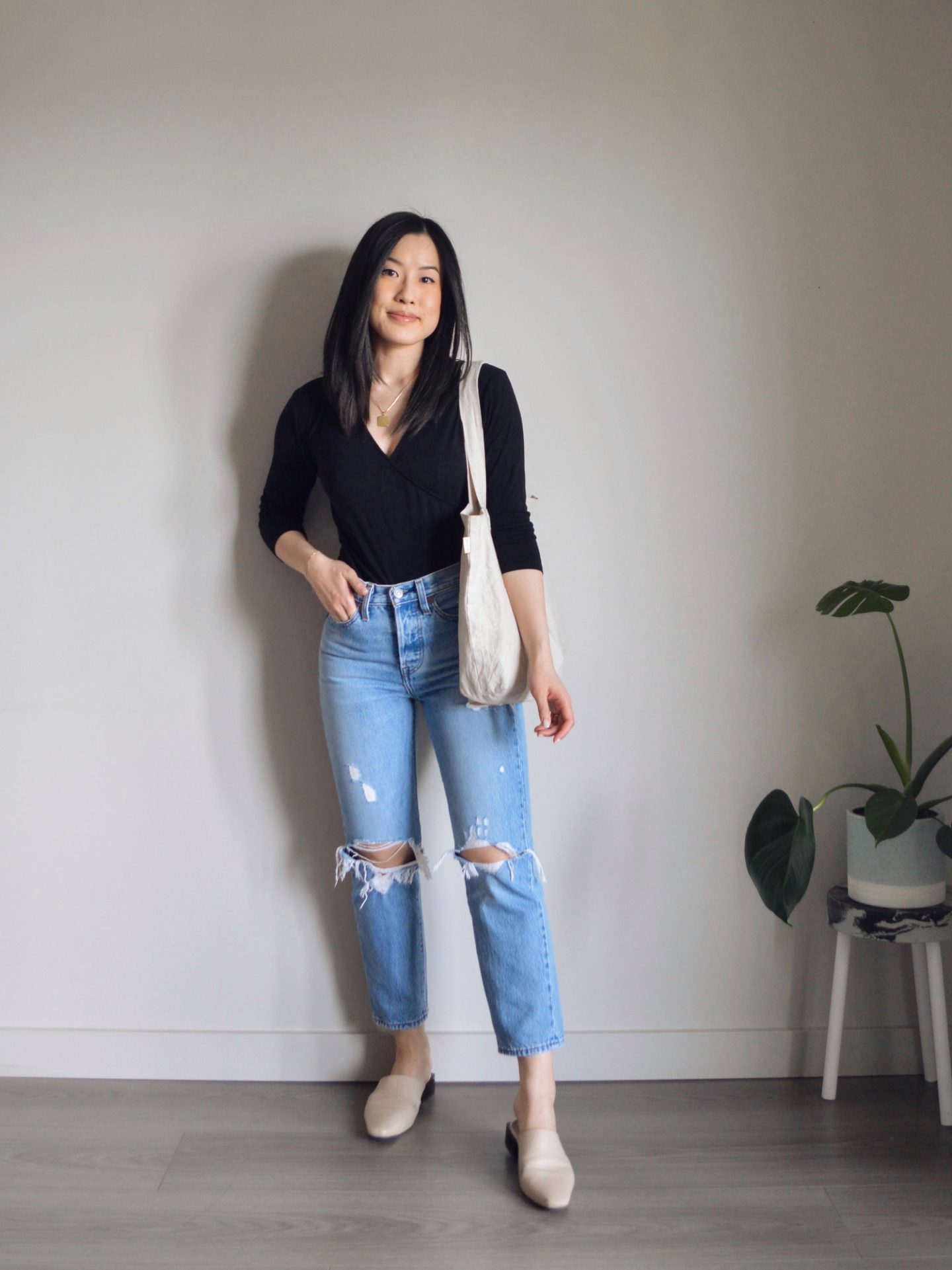 Outfit details: Encircled wrap top, Levi's wedgie straight jeans, Maguire Boutique mules, Harly Jae tote