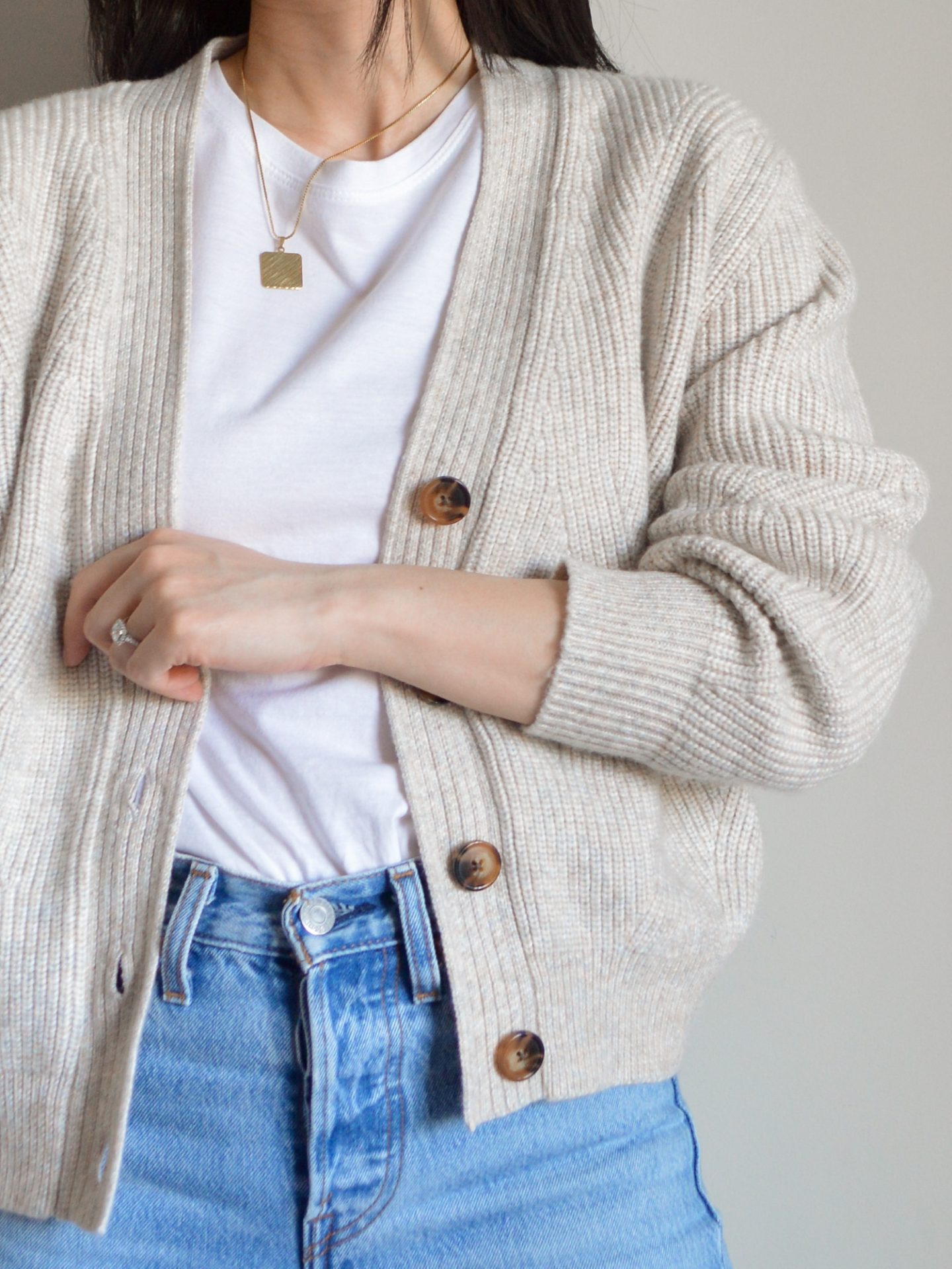 Outfit Details: Marks and Spencer Textured Cardigan and Kotn Essential Tee