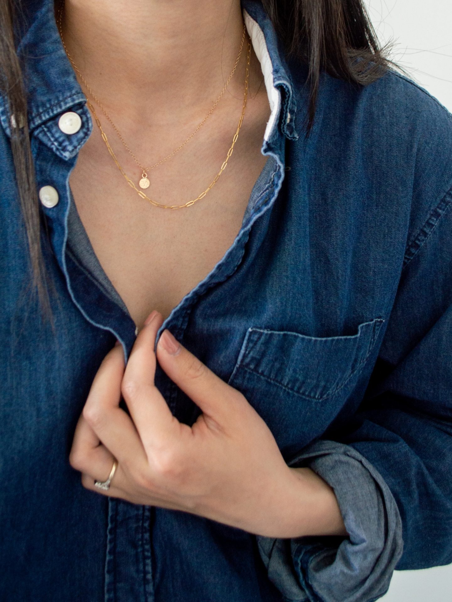 Her Simple Sole - wearing Sheena Marshall Jewelry. Delicate gold jewelry, Carson Necklace, Nora Link Necklace, cotton denim button down shirt