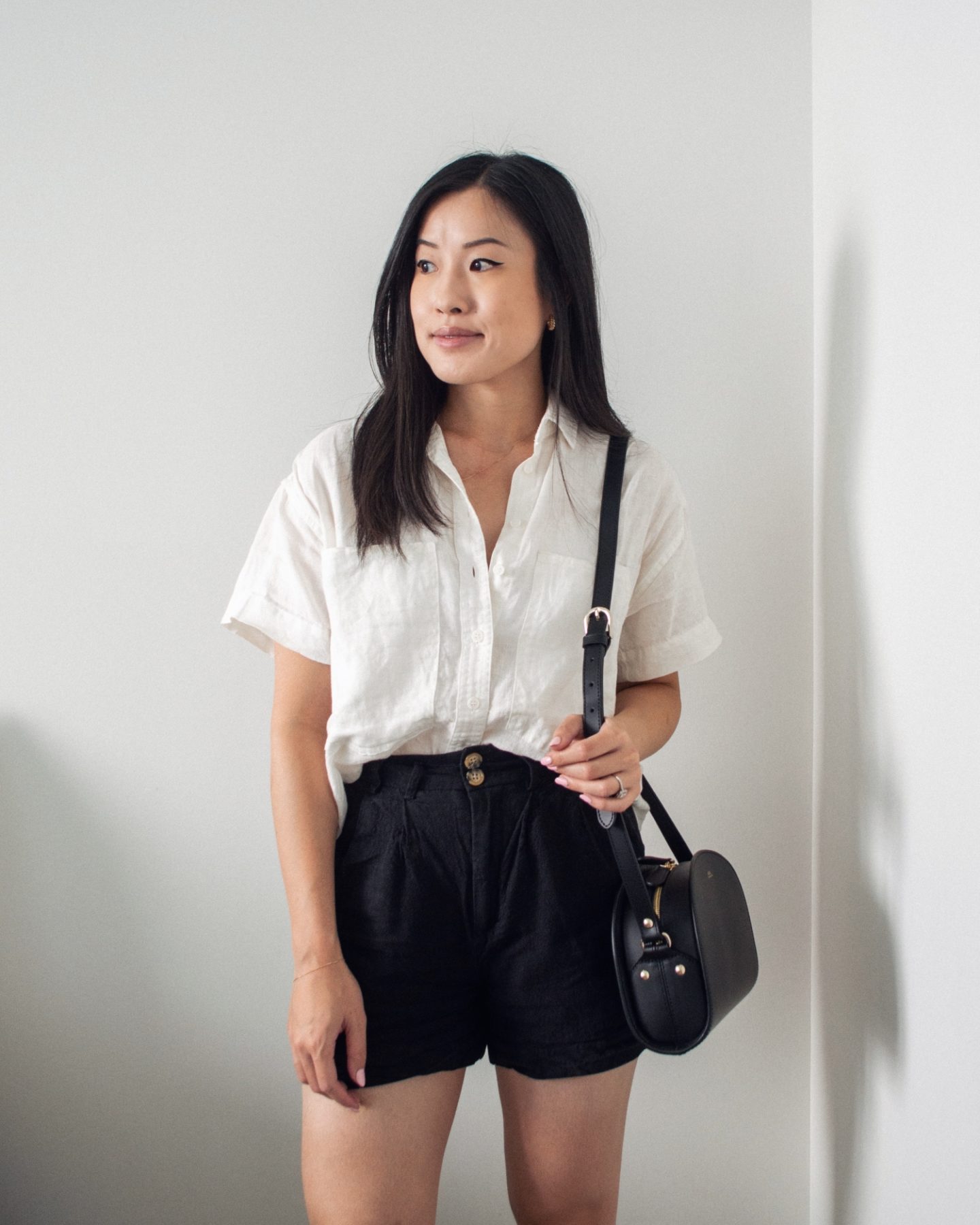 Summer Outfit Details: Power of My People Linen Button-up Shirt, linen shorts, A.P.C. Black Demi-Lune Bag