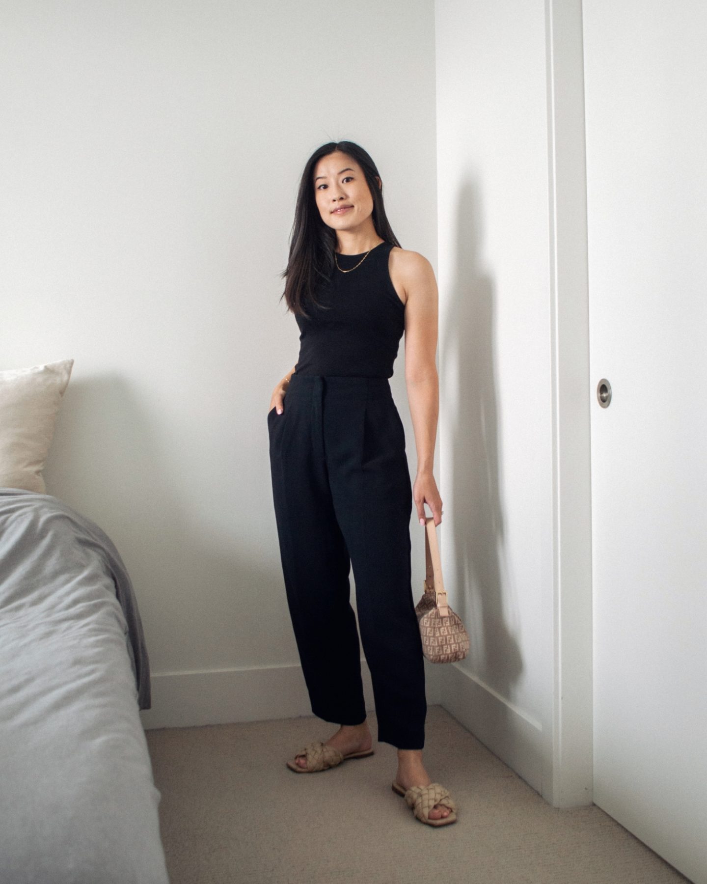 Summer Outfit Details: KOTN black high neck tank top, black trousers, L'intervalle miriel braided criss-cross sandals, vintage Fendi baguette bag