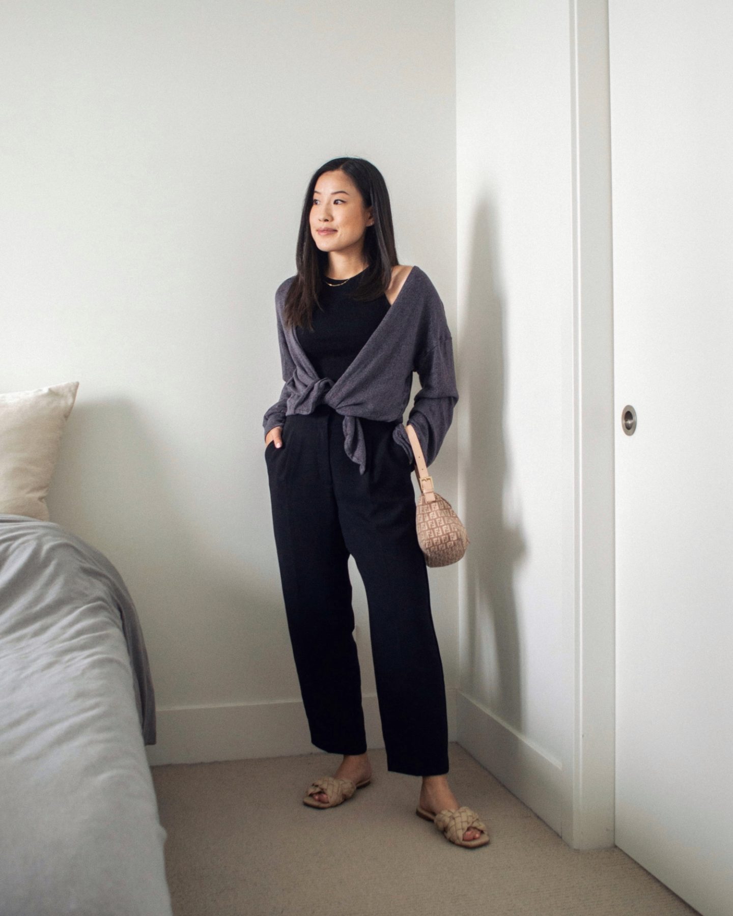 Summer Outfit Details: KOTN black high neck tank top, black trousers, Encircled The Comfy Puff Sleeve Cardigan, L'intervalle miriel braided criss-cross sandals, vintage Fendi baguette bag