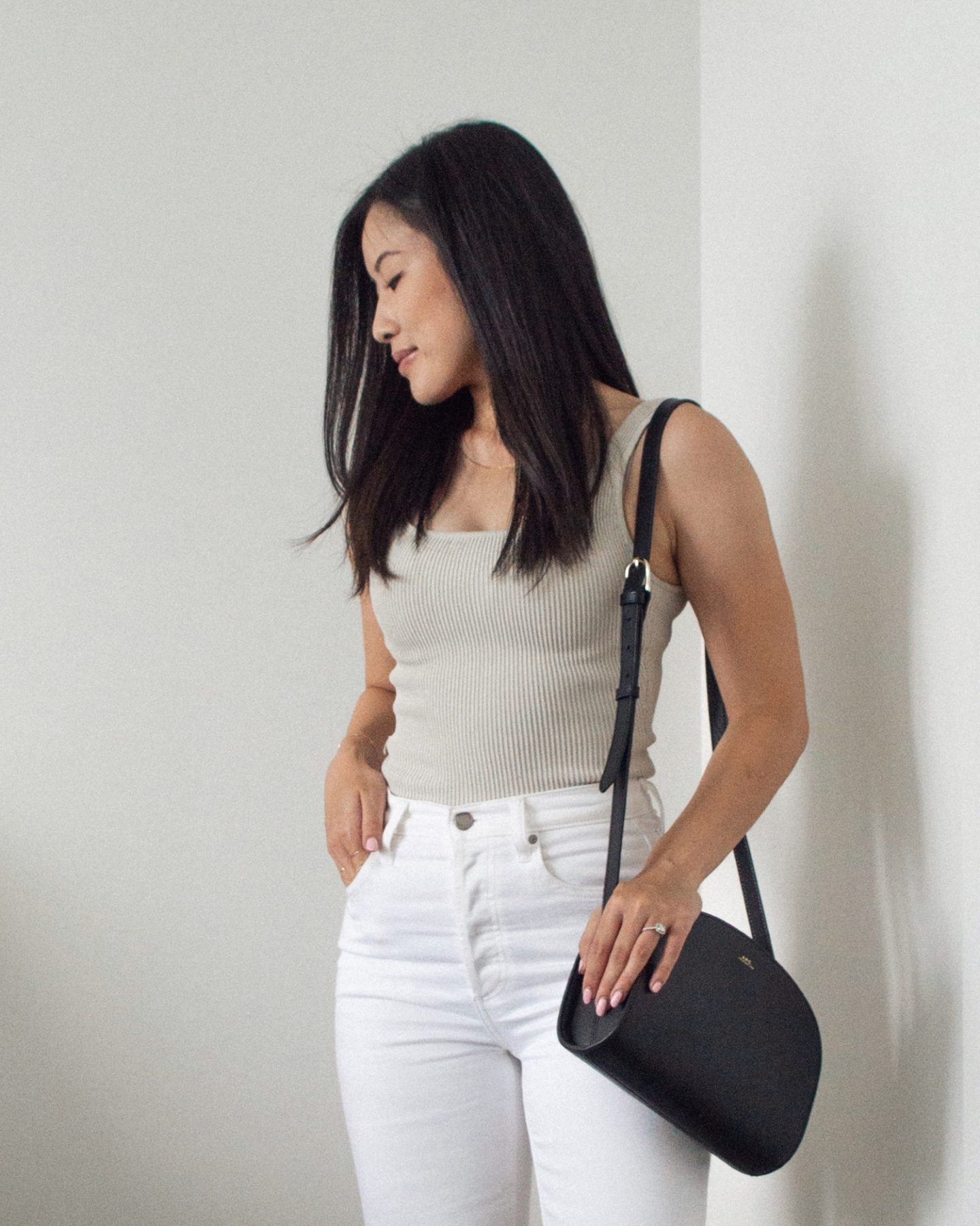 Summer Outfit Details: Babaton Sculpt Knit Tank, Denim Forum Arlo Straight Jeans in white, A.P.C. Black Demi-Lune Bag