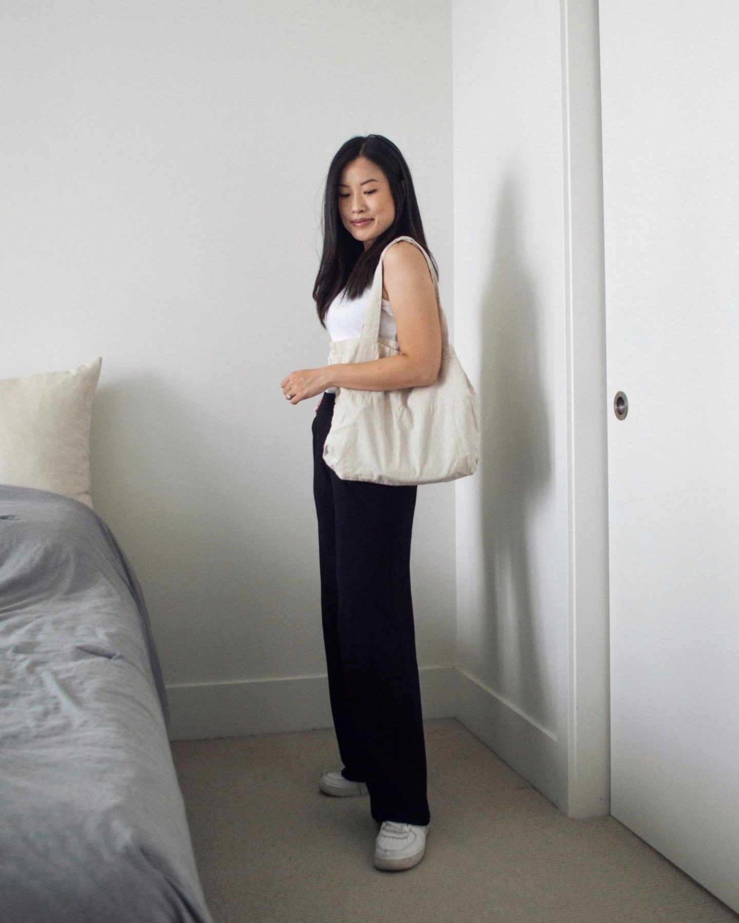 Summer Outfit Details: KOTN white high neck tank top, Encircled Comfy Wide Leg Pant, Nike Air Force 1, Harly Jae Zero Waste Tote Bag