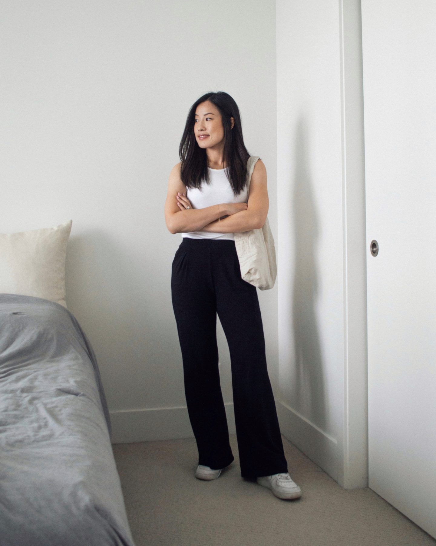 Summer Outfit Details: KOTN white high neck tank top, Encircled Comfy Wide Leg Pant, Nike Air Force 1, Harly Jae Zero Waste Tote Bag