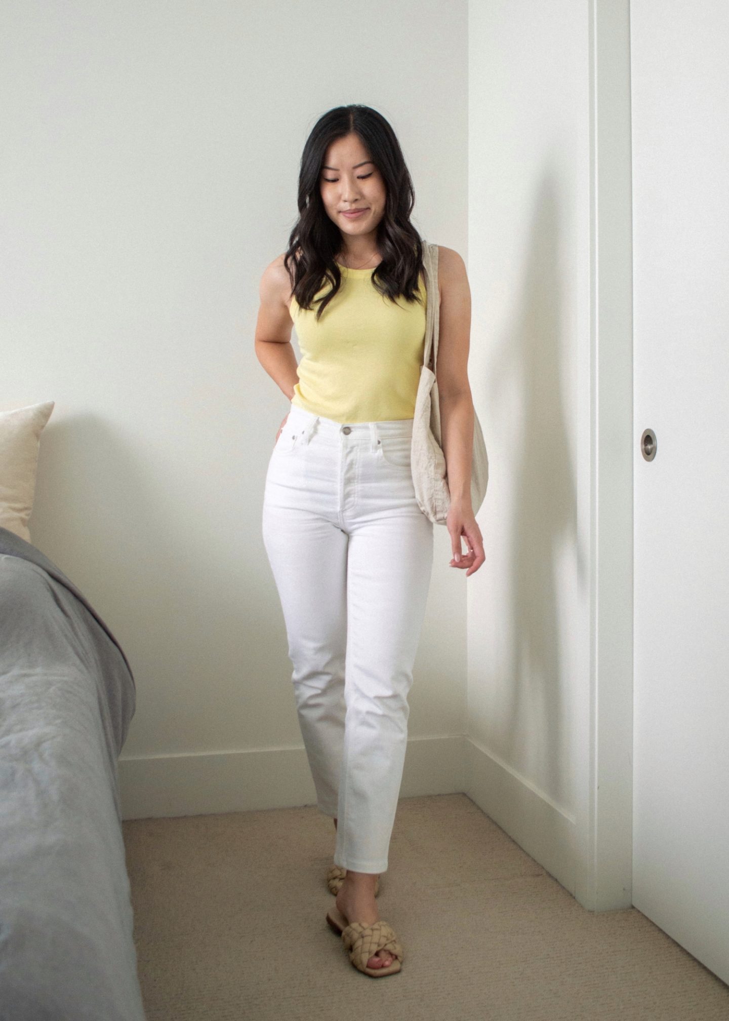 Her Simple Sole - Outfit details - Frank and Oak Good Cotton Tee in Yellow, Denim Forum Arlo Jeans in White, L'intervalle Miriel Beige Leather sandals, Harly Jae Zero Waste Tote