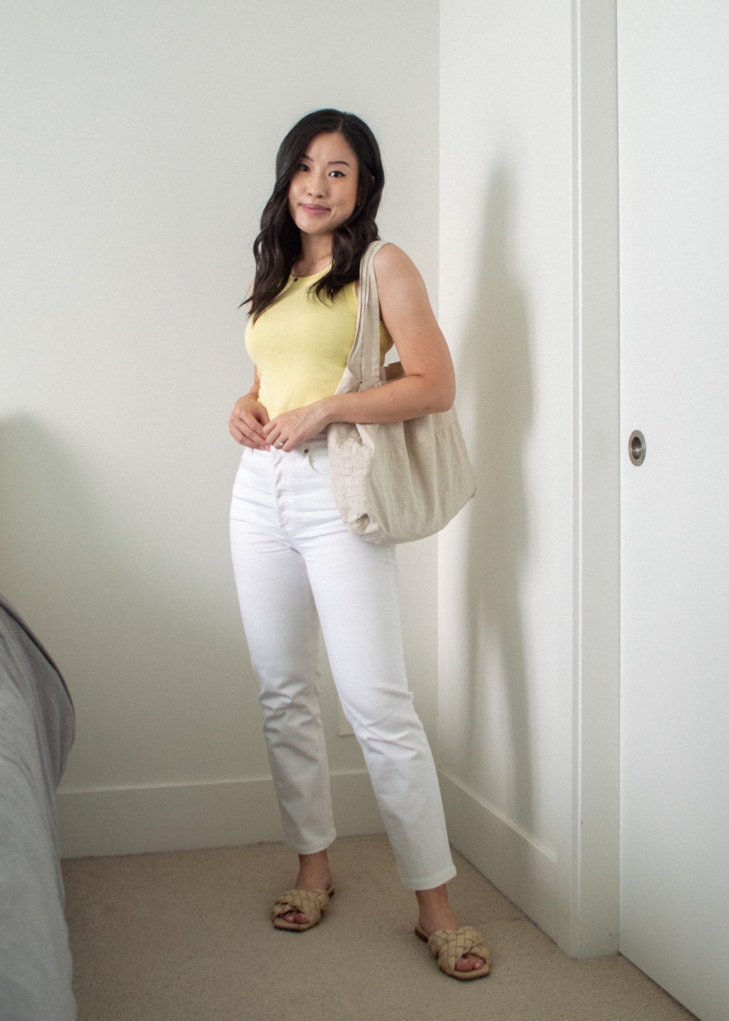 Her Simple Sole - Outfit details - Frank and Oak Good Cotton Tee in Yellow, Denim Forum Arlo Jeans in White, L'intervalle Miriel Beige Leather sandals, Harly Jae Zero Waste Tote