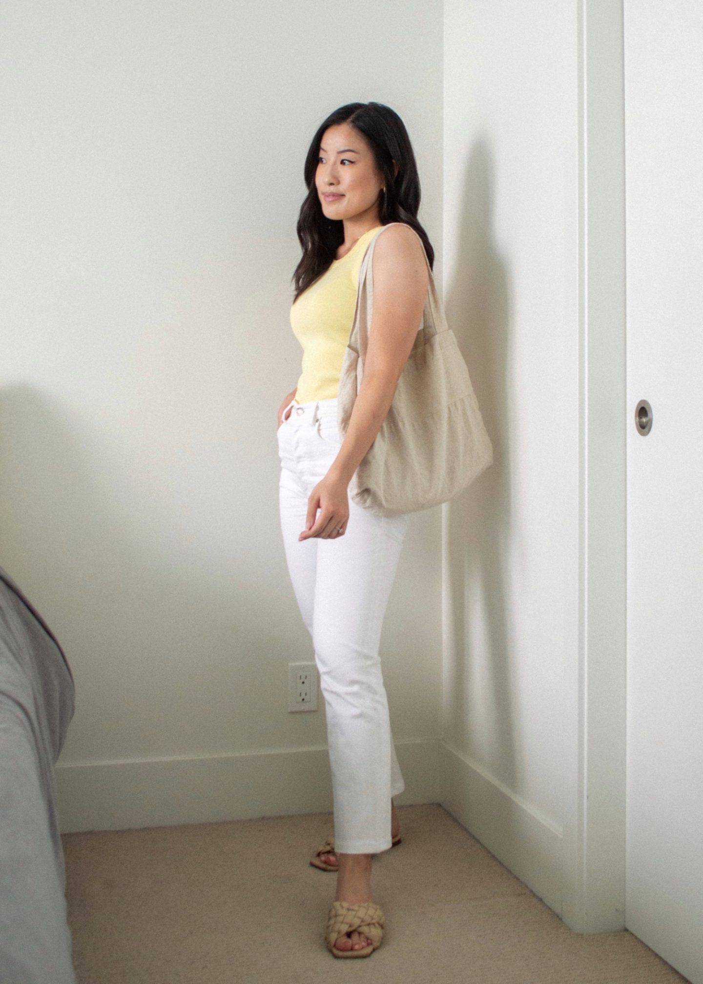 Her Simple Sole - Outfit details - Frank and Oak Good Cotton Tee in Yellow, Denim Forum Arlo Jeans in White, L'intervalle Miriel Beige Leather sandals, Harly Jae Zero Waste Tote