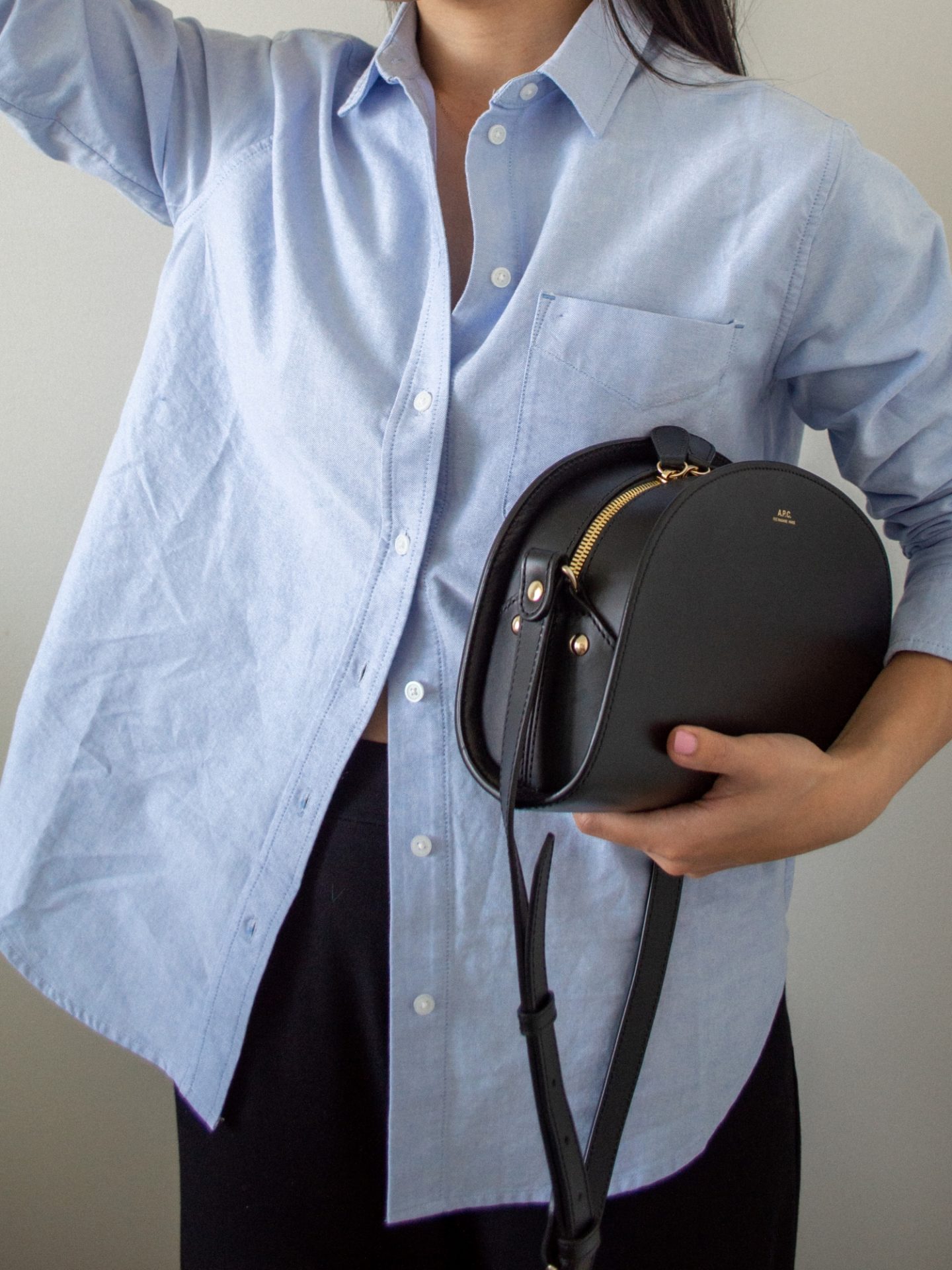 Outfit details - Everlane Relaxed Oxford Shirt, Encircled Comfy Wide Leg Pant, A.P.C. Black Demi-Lune Bag, blue shit outfit, oxford shirt outfit, transitional summer to fall style