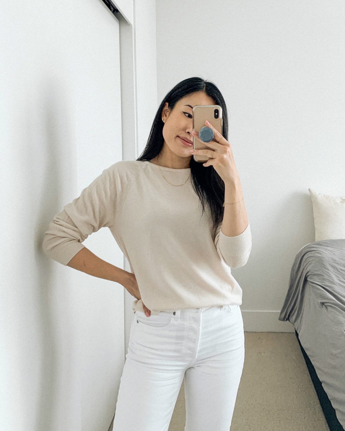 Outfit details - Babaton Jacobs sweater from Aritzia, Denim Forum Arlo Straight jeans