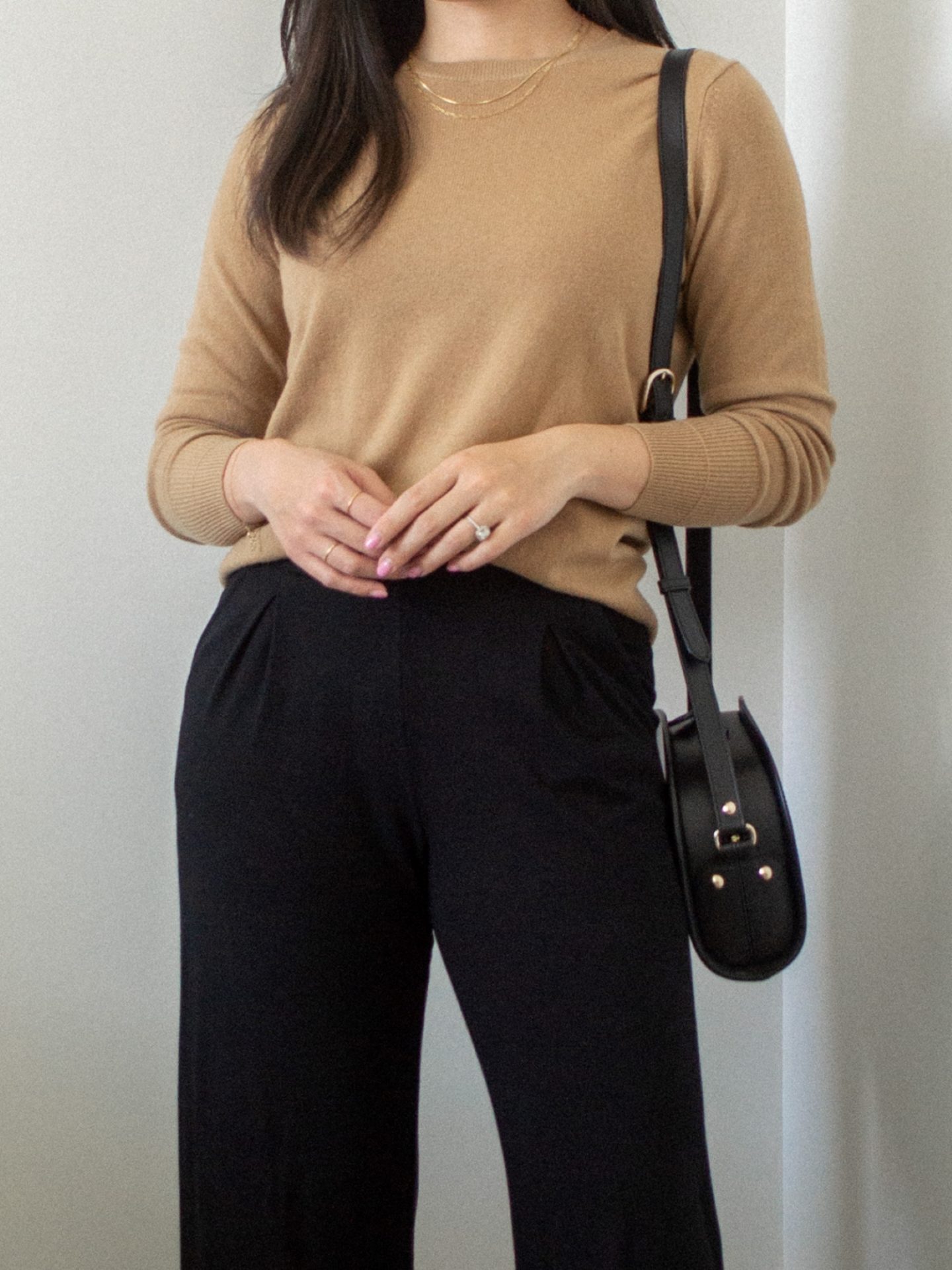 Outfit details: cashmere crewneck sweater, black wide leg pants, black crossbody bag, gold chain layered necklaces, outfit for fall, fall inspiration outfit