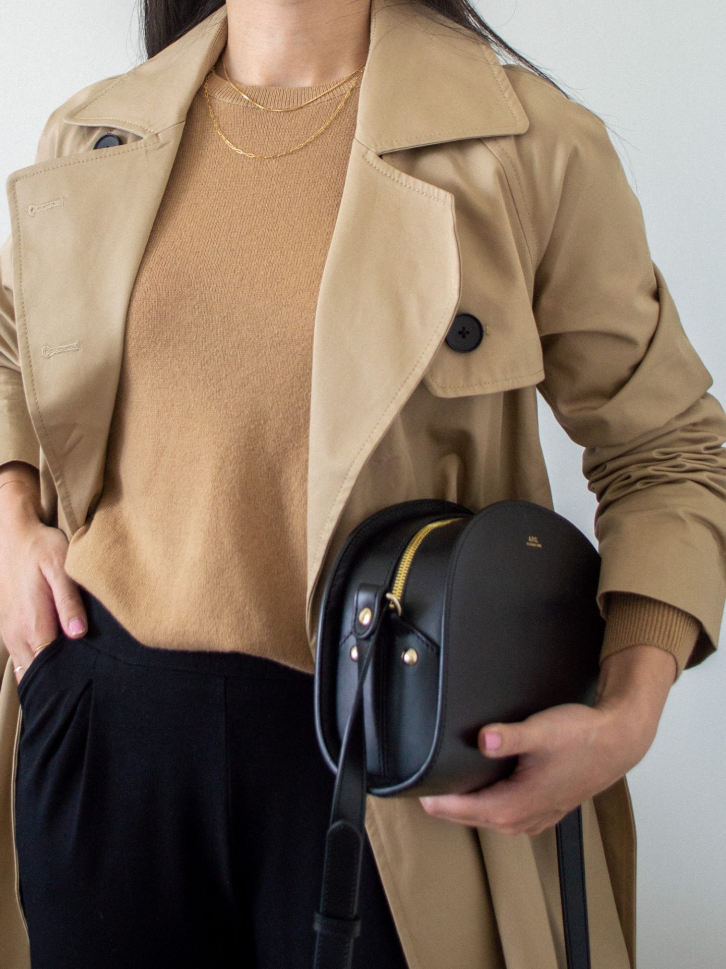 Her Simple Sole wearing the Modern Trench Coat from Everlane, camel colours for fall, wardrobe staples for fall, A.P.C. Black Demi-Lune Bag