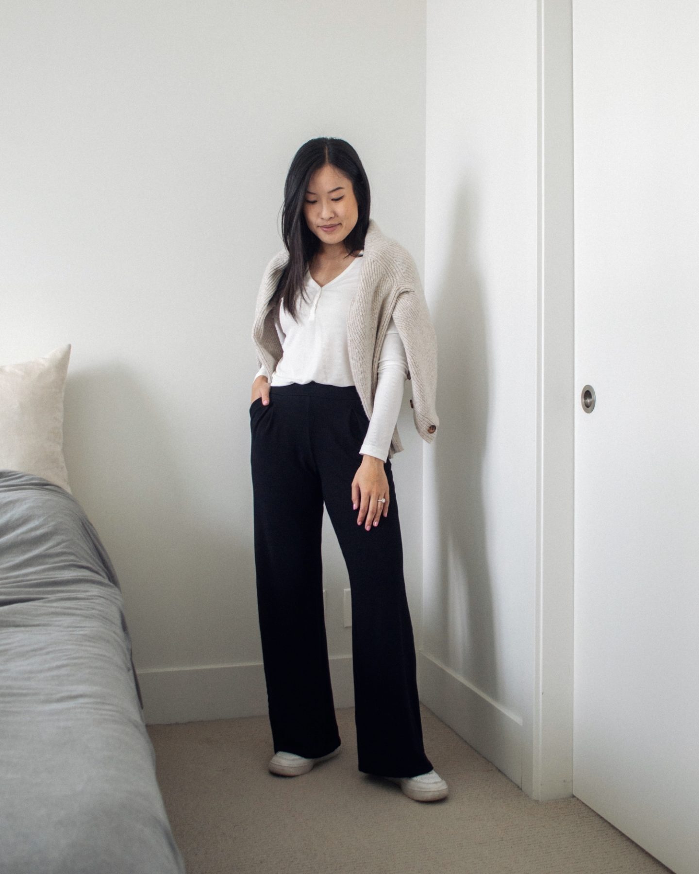 Outfit details - Marks and Spencer Textured Cardigan, Frank and Oak Henley Top, Encircled Comfy Wide Leg Pant, Nike Air Force 1, cozy outfit, work from home outfit