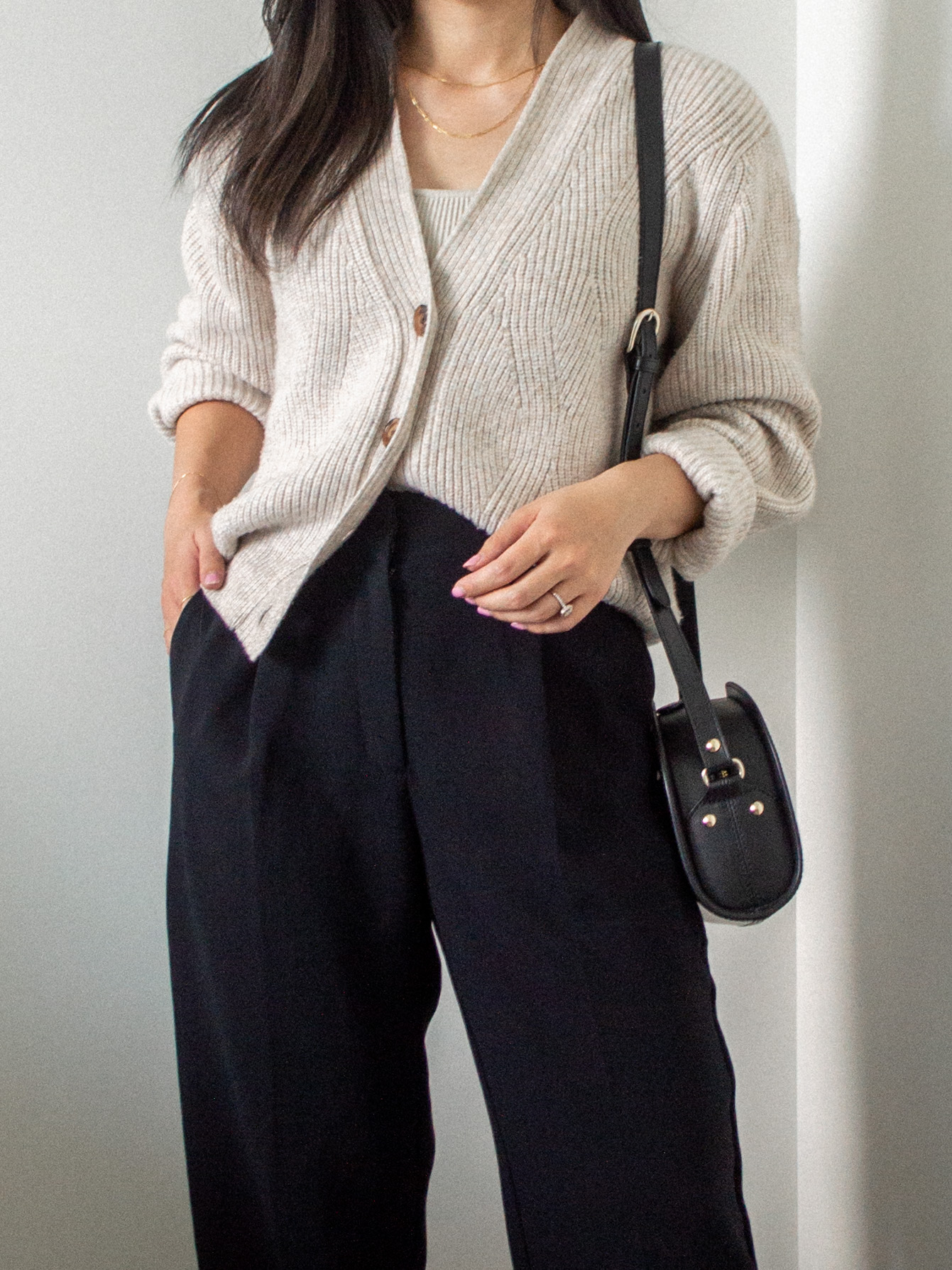 Outfit details - Marks and Spencer Textured Cardigan, Aritzia Sculpt Knit Tank, Wilfred Nanes Pant, A.P.C Black Demi-Lune Bag