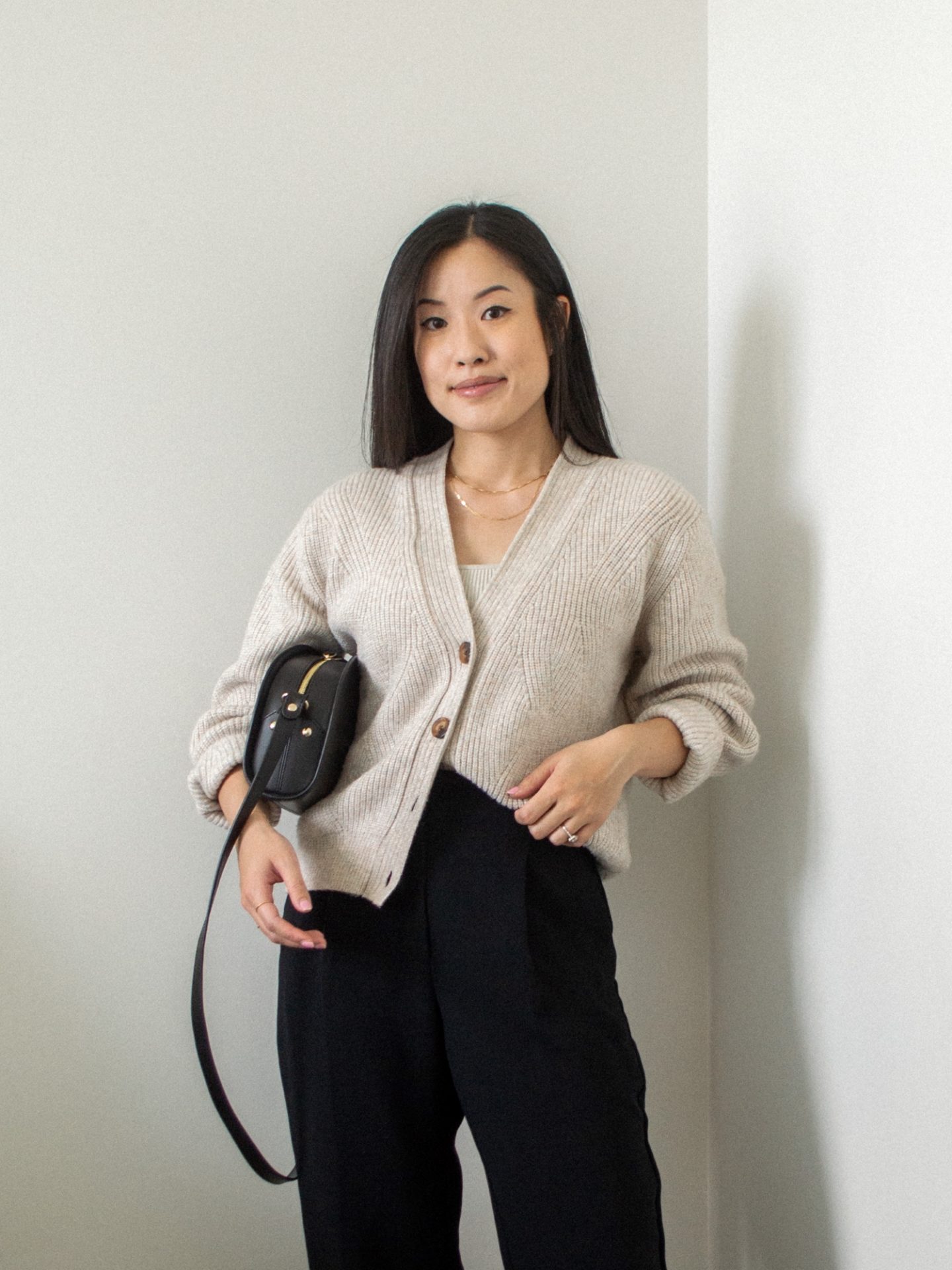 Outfit details - chunky knit cardigan, black trousers, black crossbody bag, simple fall outfit, neutral outfit for fall