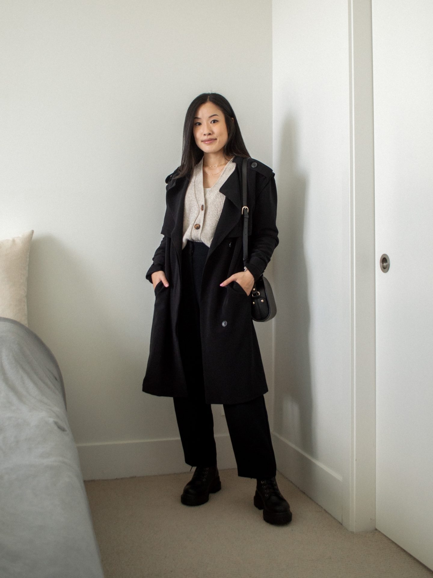 Her Simple Sole - Fall Wardrobe Essentials I'm Most Excited to Wear this Year; Line & Dot black trench coat, Marks and Spencer textured cardigan, Wilfred Nanes pant, L'intervalle Bolt Combat Boots, A.P.C. Black Demi-Lune Bag