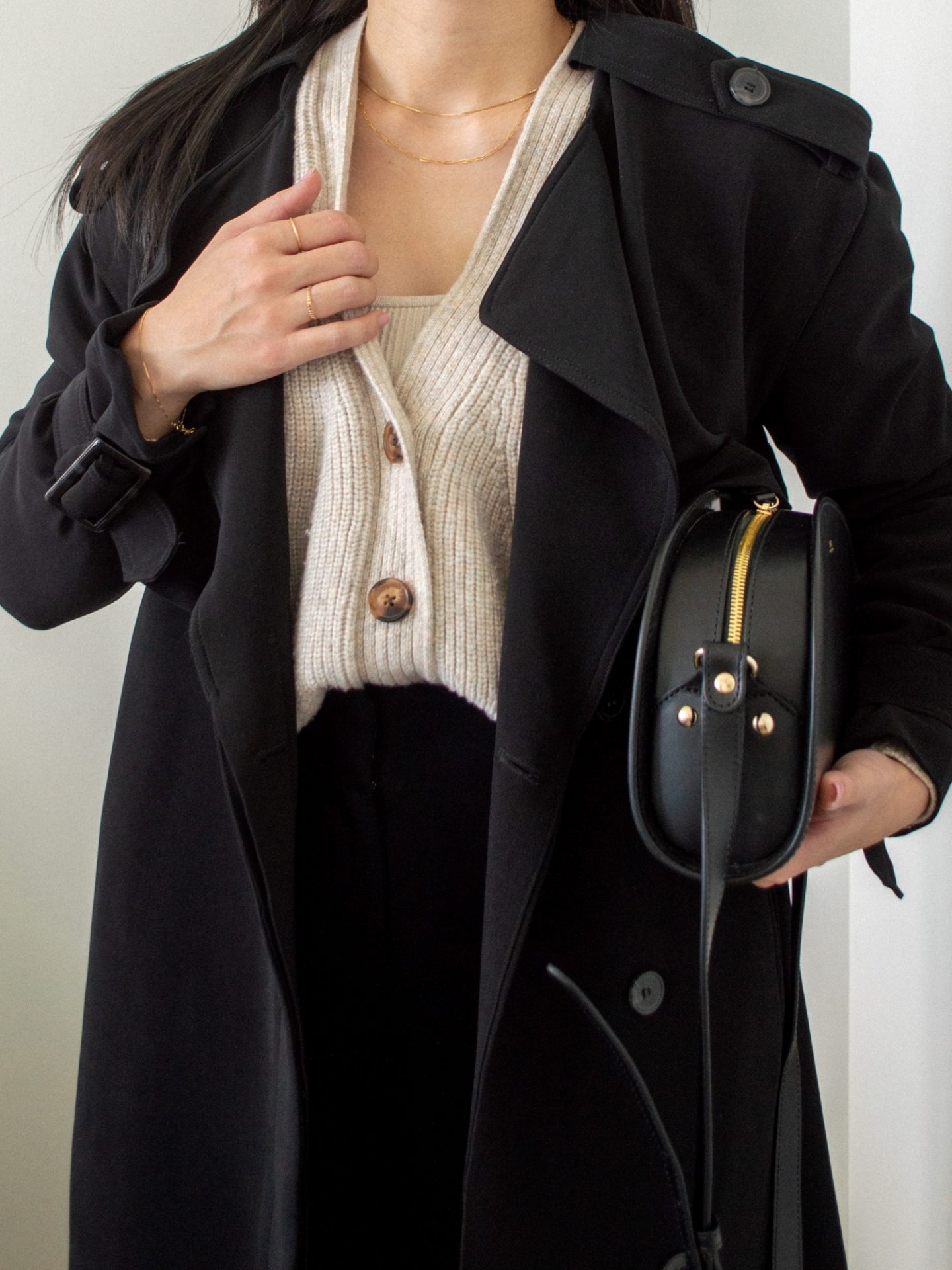 Outfit details - black trench coat, knit chunky cardigan, black crossbody bag, fall transitional outfit, easy styling for fall