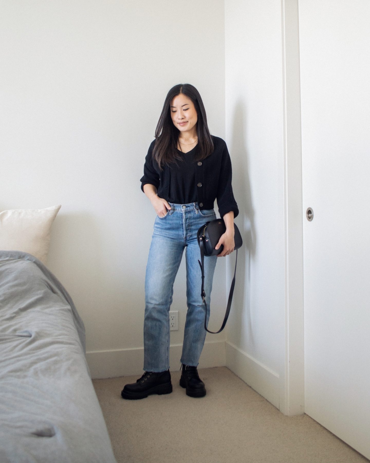 Outfit details - old cropped cardigan, Encircled Fair V-Neck Tee in black, Arlo Straight High Rise Jean, L'intervalle Bolt Black Leather boots, A.P.C. Black Demi-Lune Bag