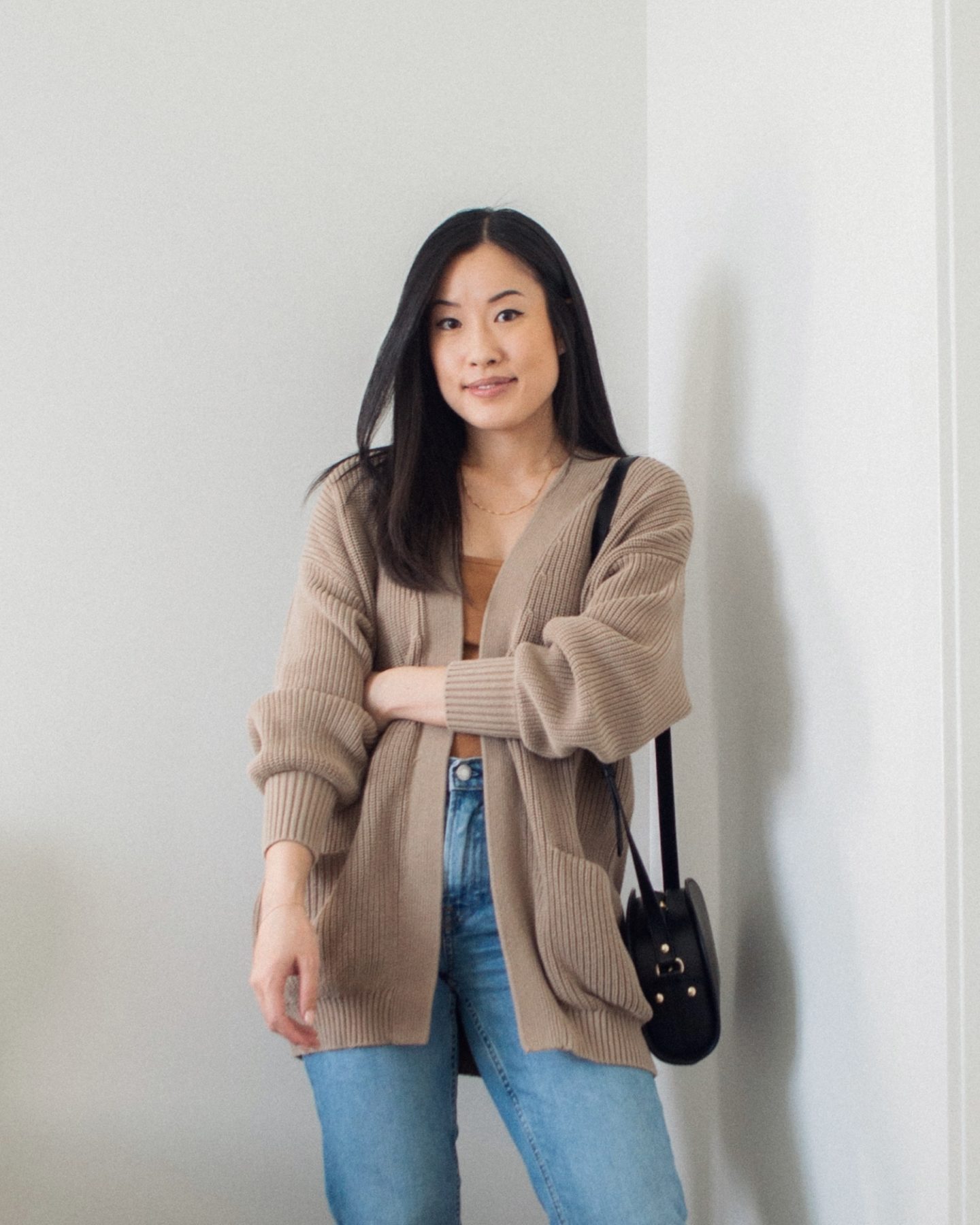 Outfit details - Paper Label Opal Oversized Cardigan, Kotn Square Neck Tank Top, Everlane The Original Cheeky Jeans, A.P.C. Black Demi-Lune Bag