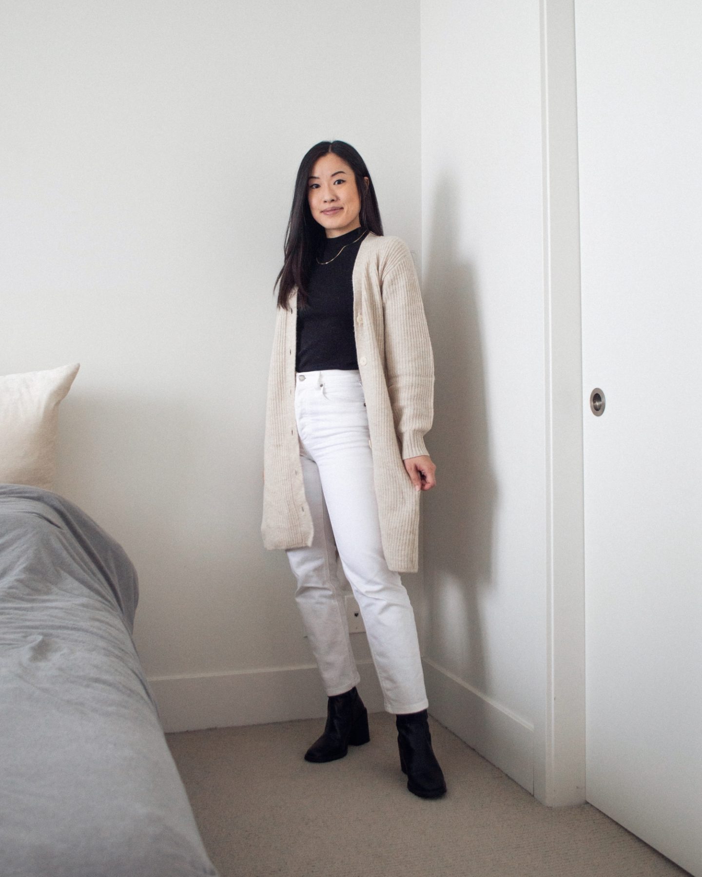 Outfit details - Frank and Oak The Recycled Wool Cardigan Dress, Kotn Mock Neck Tank Top, Arlo High Rise Straight Jeans, L'intervalle Maralik Boots