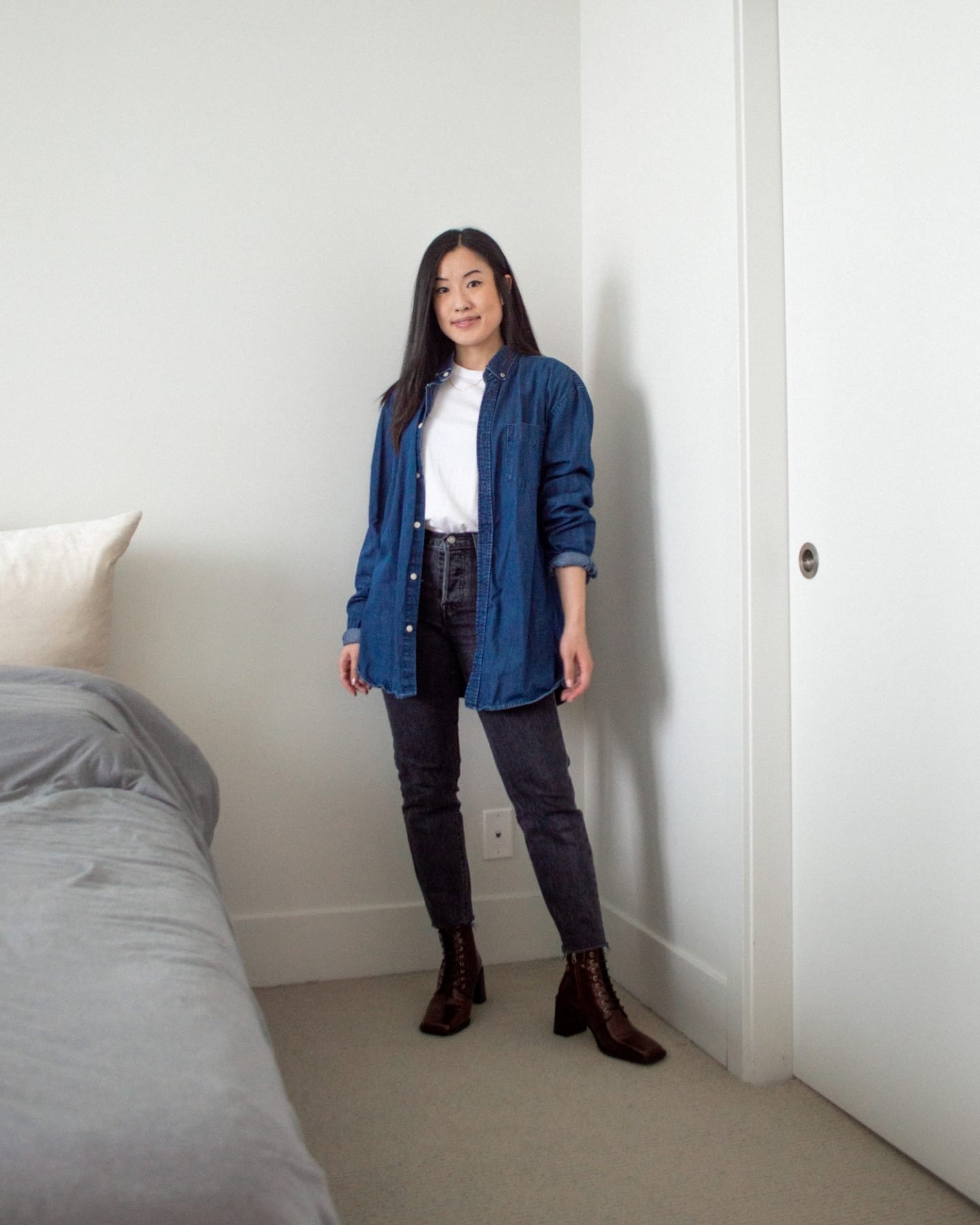 Outfit details - oversized denim shirt, classic white t-shirt, grey straight leg jeans, chestnut ankle laced up ankle boots, easy outfit ideas, layering fall outfit