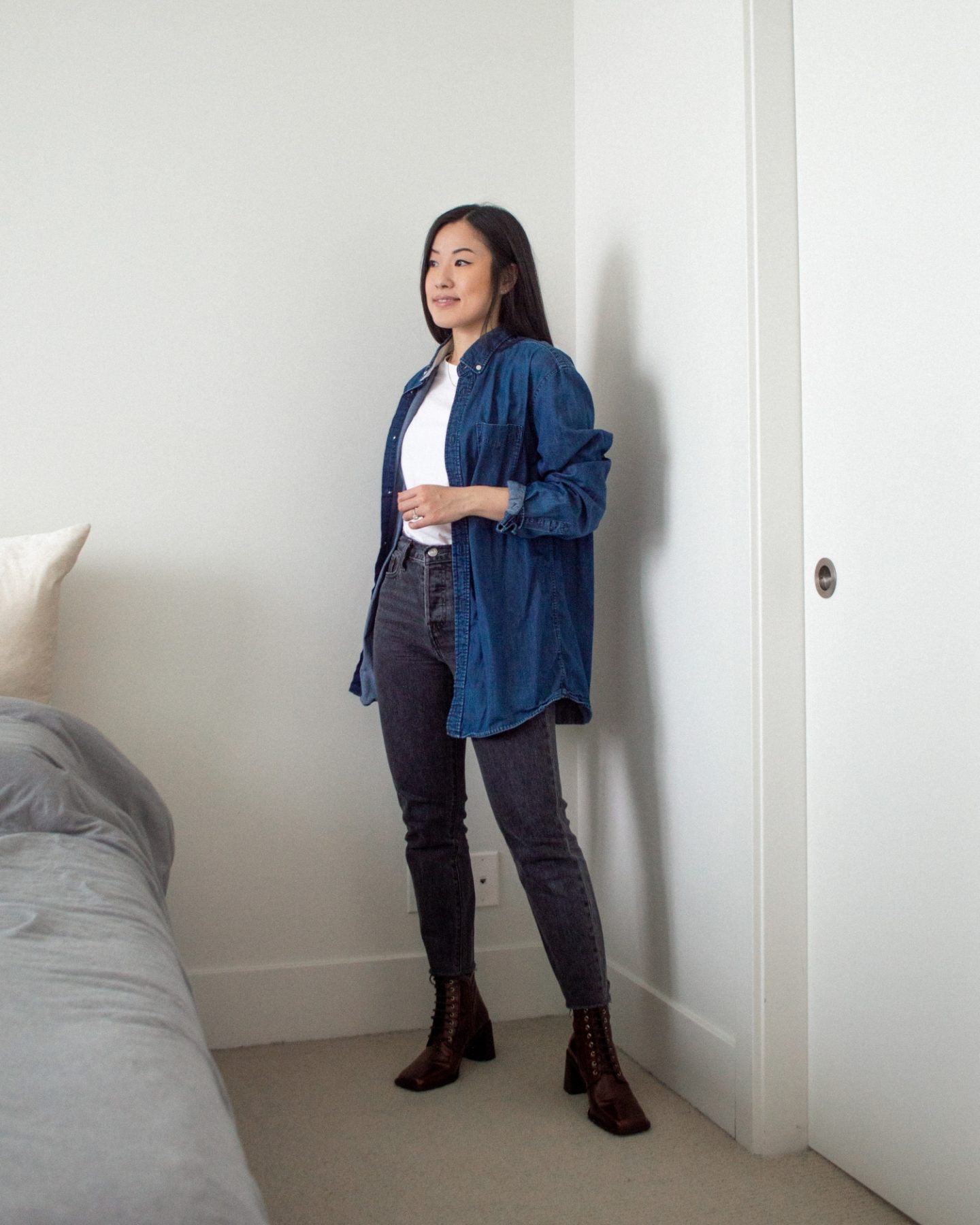 Outfit details - Jack and Jones denim shirt (old), Kotn Essential Crew, Levi's Wedgie Straight Jeans, L'intervalle Newbury Chestnut Leather Boots