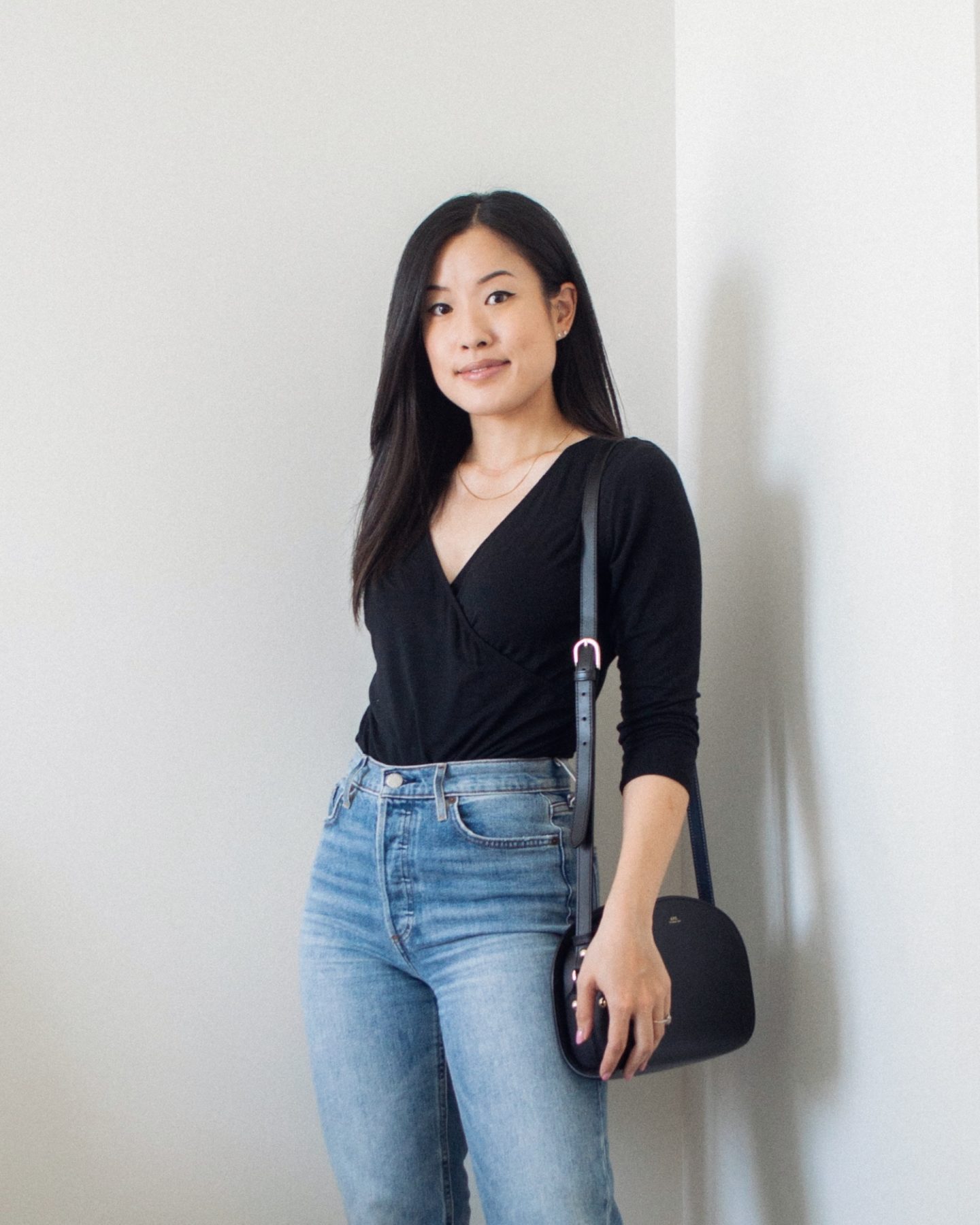 Outfit details - Encircled Breakaway Wrap Top, Denim Forum Arlo High Rise jeans, A.P.C. Black Demi-Lune bag