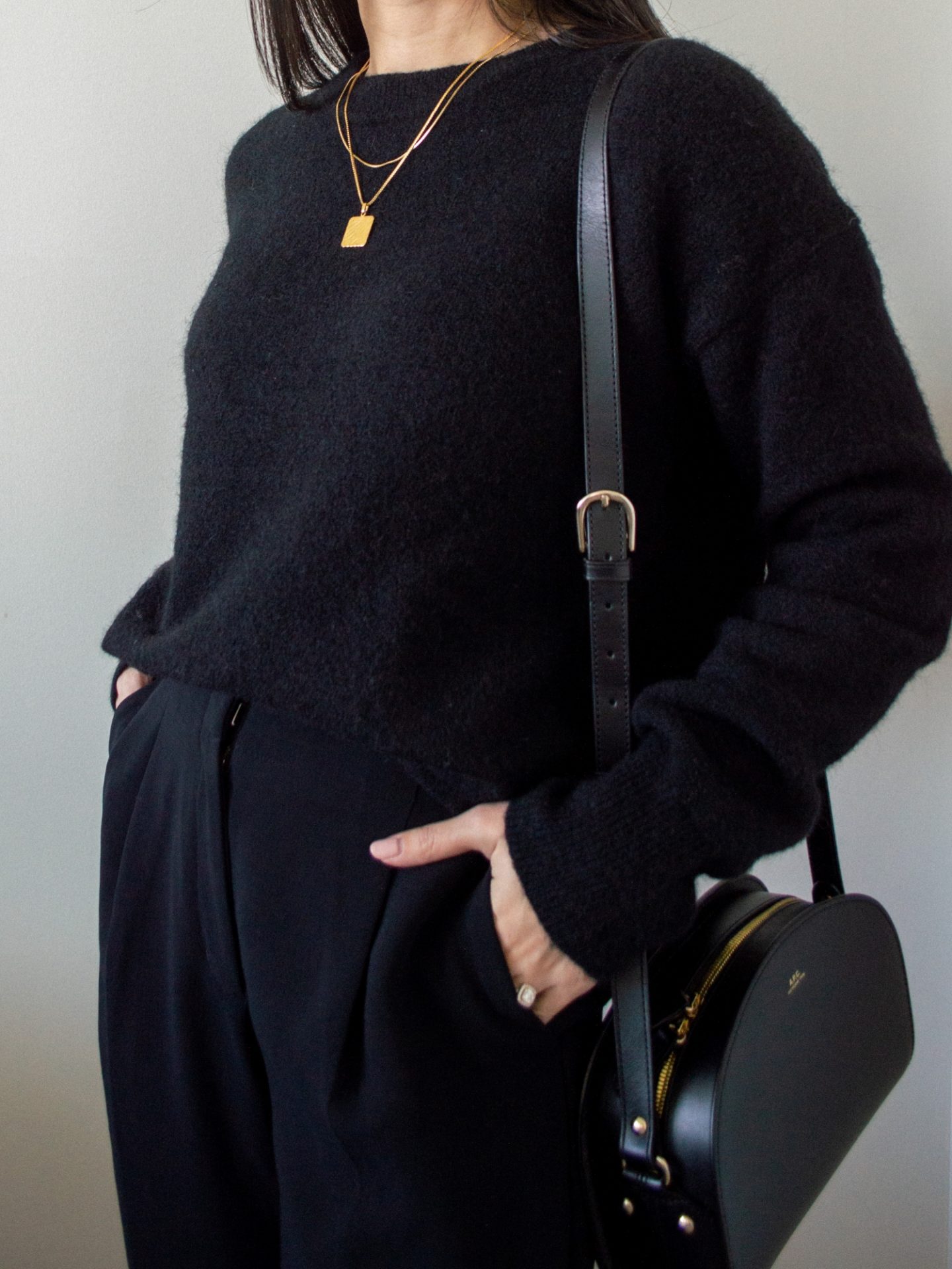 Outfit details - oversized black knit sweater, black trousers, black bag, fall outfit, simple outfit idea for fall, black monochrome outfit