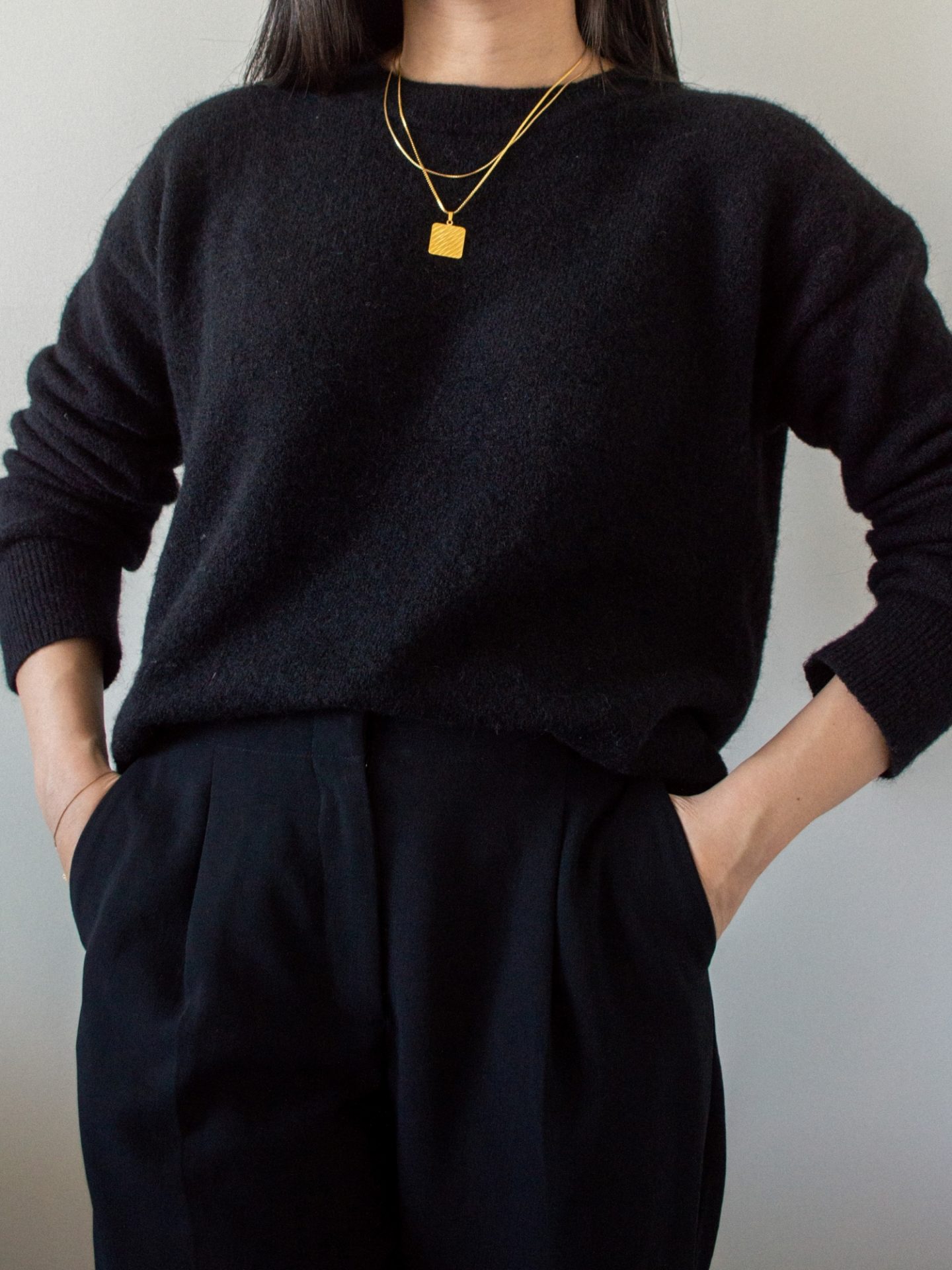 Outfit details - Aritzia Thurlow Sweater in Black, Wilfred Nanes Pant, Cuchara Dionne Necklace