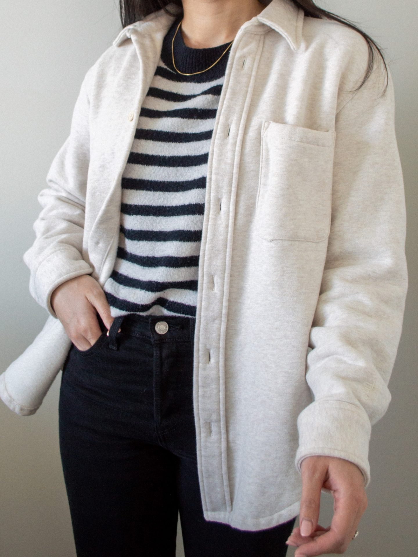 Outfit details - old striped sweater, Tna Cozy Fleece Mega Shirt Jacket, Levi's Wedgie Straight Jeans in Black Heart