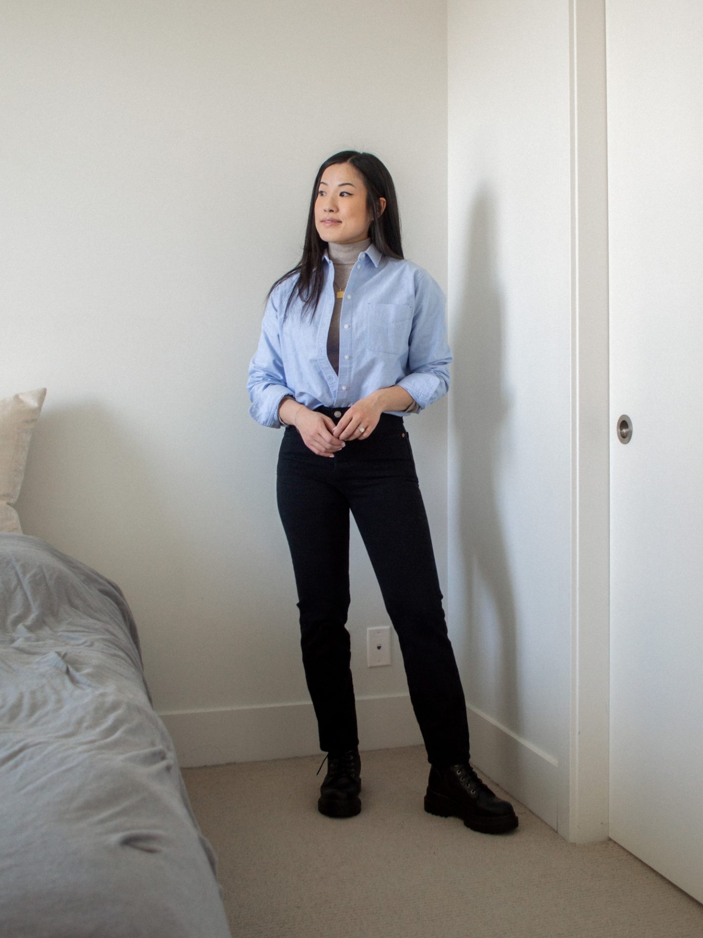 Outfit details - nude fitted turtleneck t-shirt, black combat boots, simple fall outfit, blue relaxed oxford shirt style, black straight leg jeans outfit