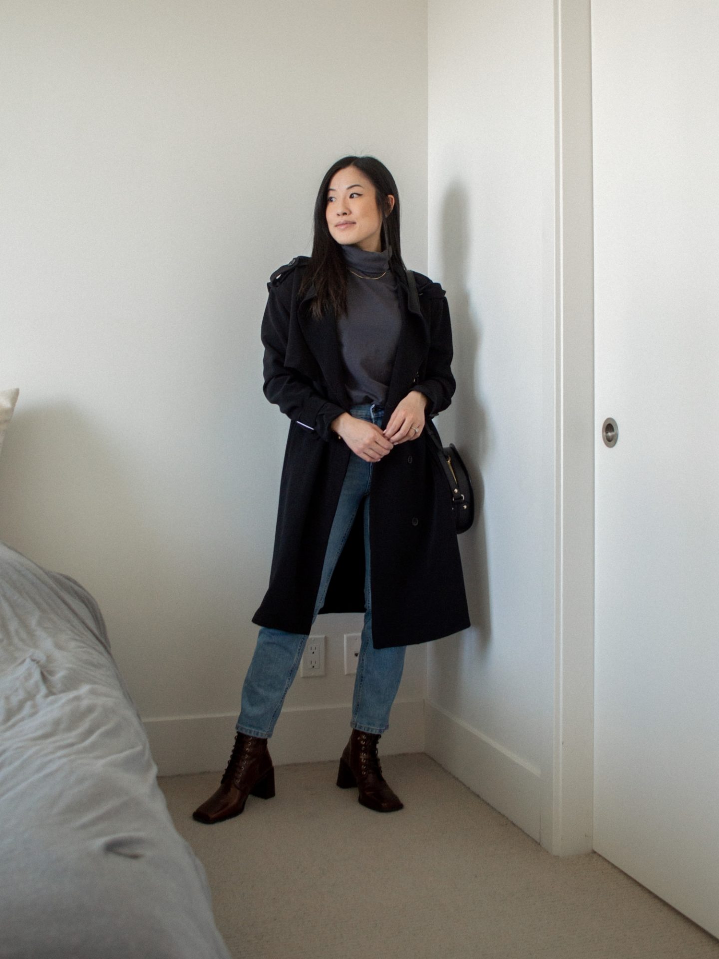 Outfit details - Tradlands Monty Turtleneck in Storm, Everlane The Japanese Denim Cheeky Jean, L'intervalle Newbury Chestnut boots, A.P.C. Black Demi-Lune Bag, black trench coat style for fall