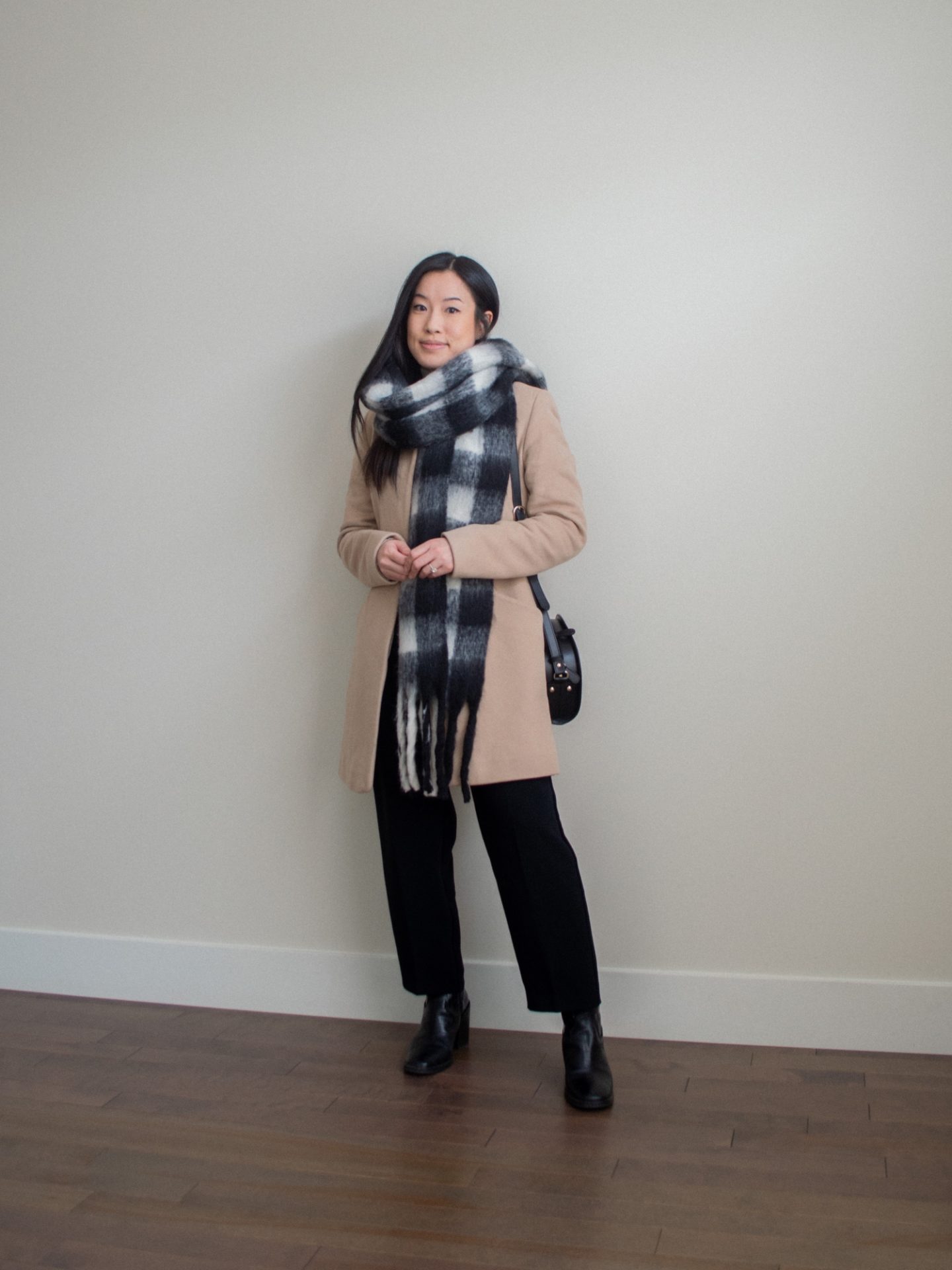 Her Simple Sole - A Recap: Shop Your Winter Wardrobe Style Challenge. Outfit details: oversized checkered scarf, camel cocoon coat, black trousers, black mid-calf boots, black half moon bag. Her Simple Sole blog, casual winter outfit idea