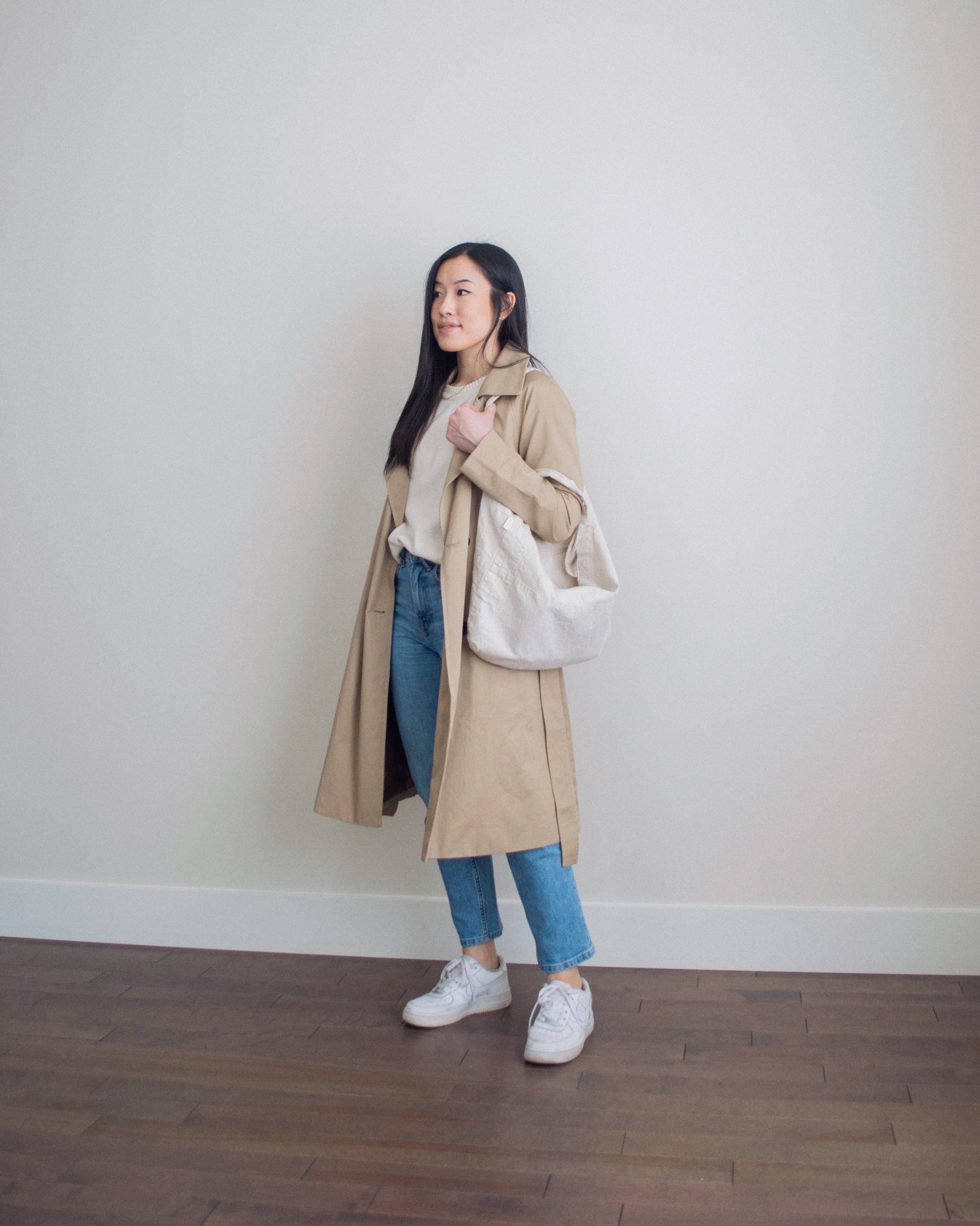 Outfit details - Everlane The Modern Trench Coat, Able Lily Pullover Sweater, Everlane The Original Cheeky Jean, Nike Air Force 1, Harly Jae Zero Waste Tote