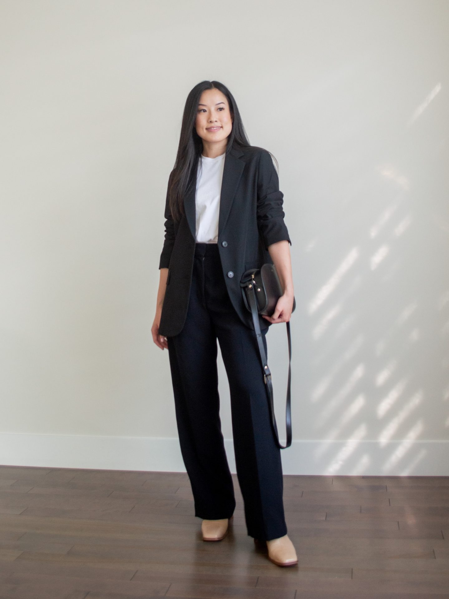 Outfit details - black blazer, white tshirt, black wide leg trousers, wide leg pants, beige ankle boots, classic blazer outfit, smart casual outfit, quality wardrobe essentials, closet staples