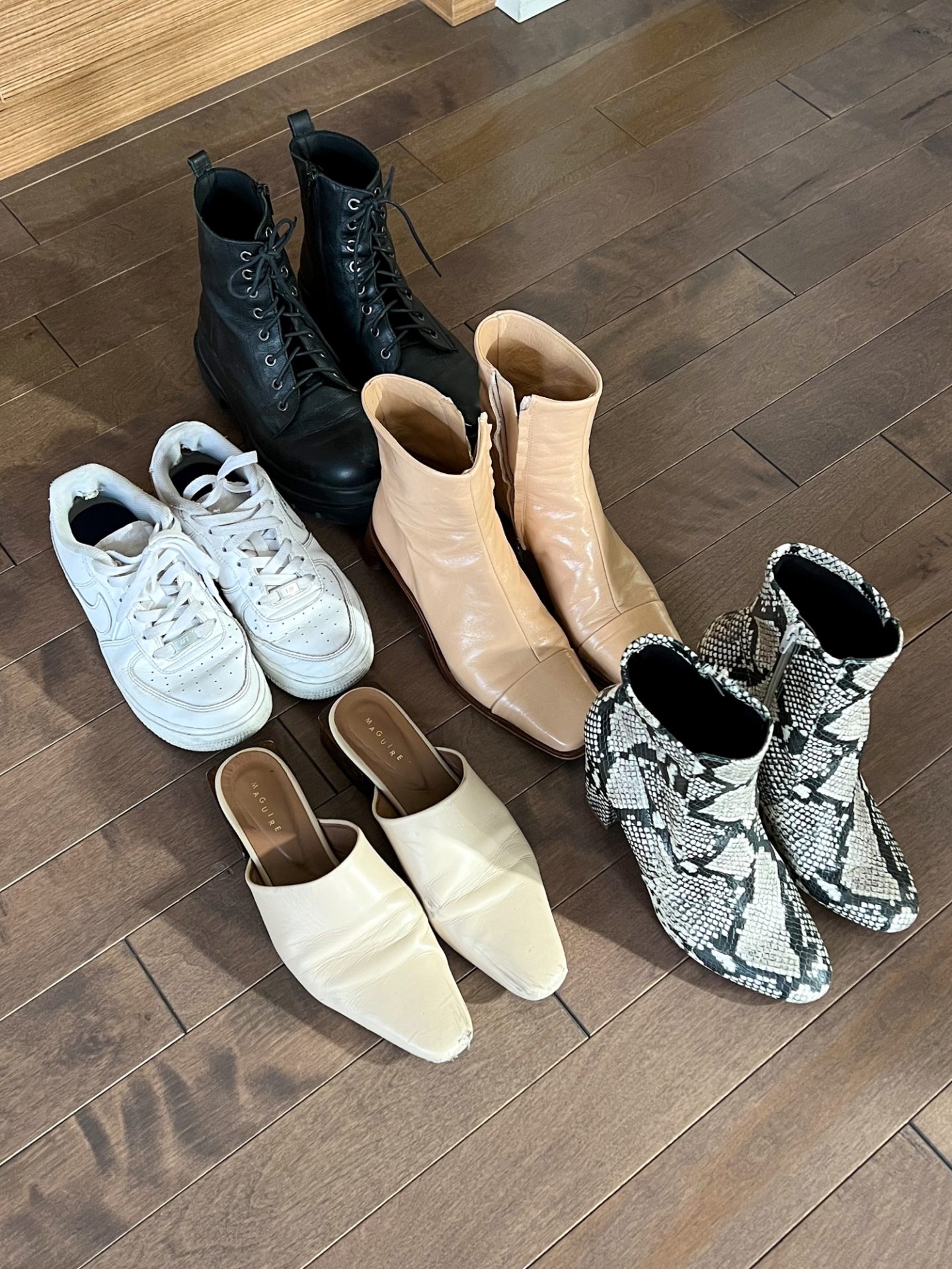 Favourite quality shoes, ankle boots for fall, white sneakers, beige mules, beige ankle boots, black combat boots, snake print ankle boots, quality wardrobe essentials, closet staples, fall capsule wardrobe