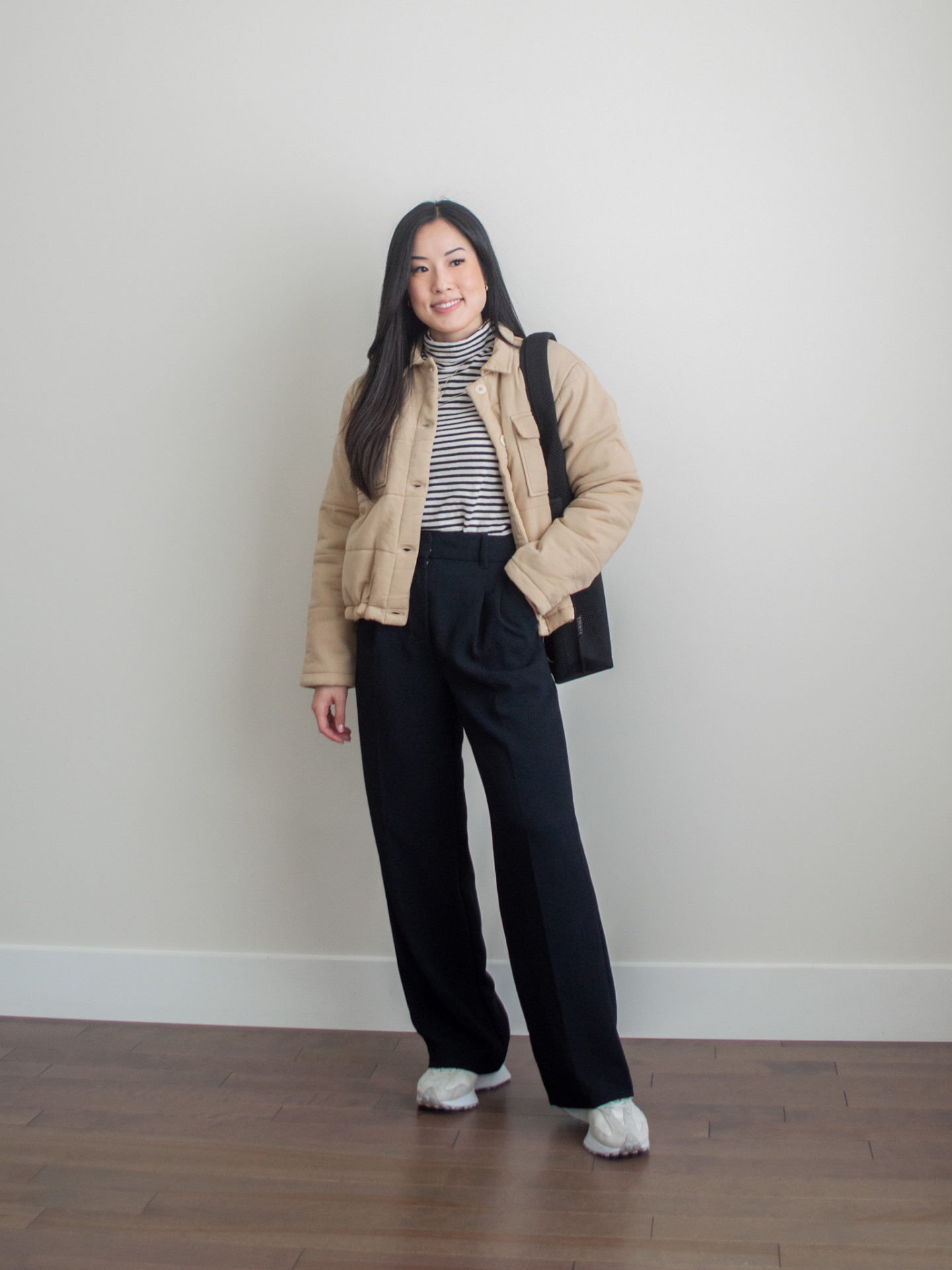 Her Simple Sole - About Me, camel jacket outfit, stripe turtleneck, casual outfit idea