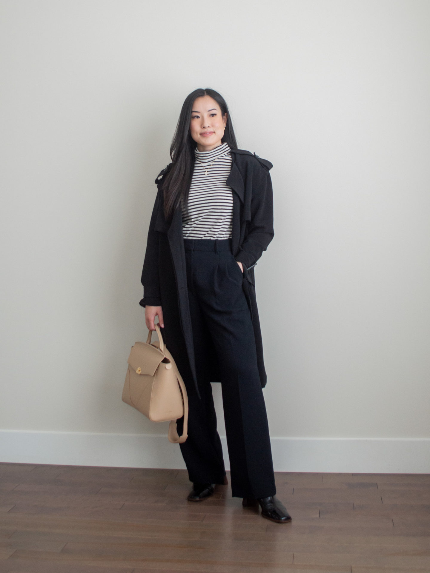 Her Simple Sole - About Me, black trench coat outfit, stripe turtleneck smart casual outfit