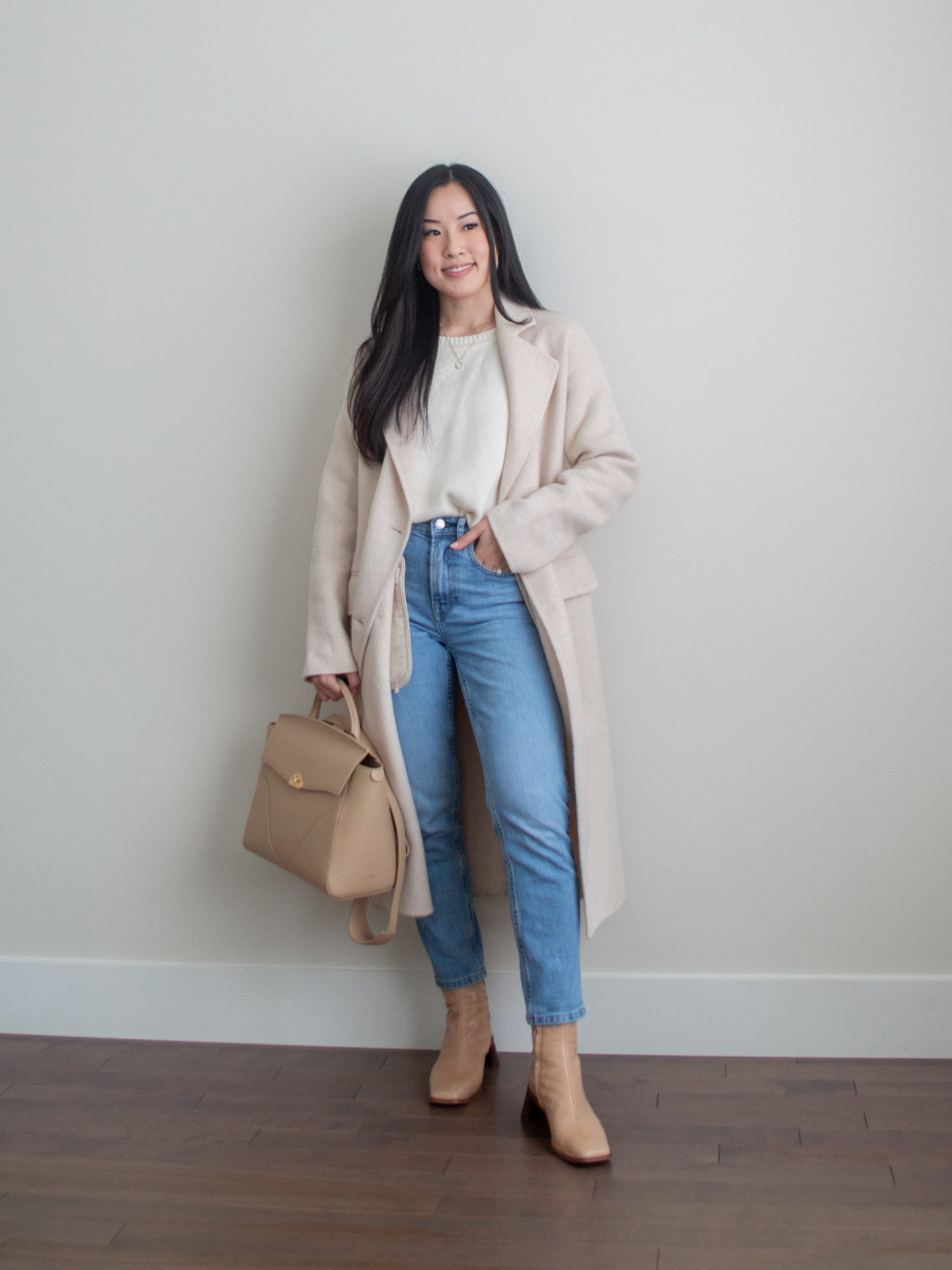 Her Simple Sole - About Me, cream coat smart casual outfit, cream coat and blue jeans outfit idea